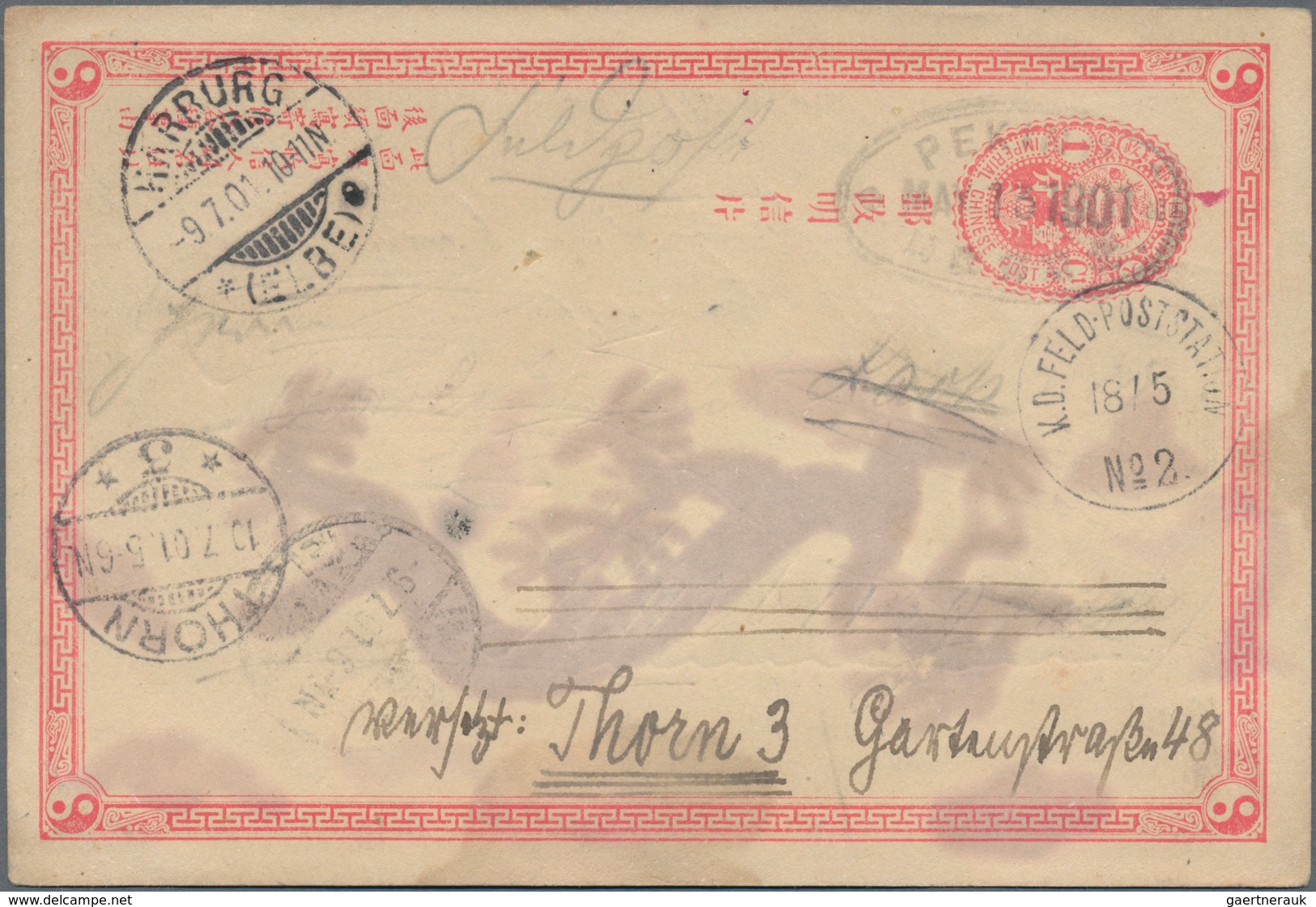 China - Ganzsachen: 1897, Card ICP 1 C. Tied Oval Bilingual "PEKING MAY 13 1901" As German Field Pos - Cartes Postales