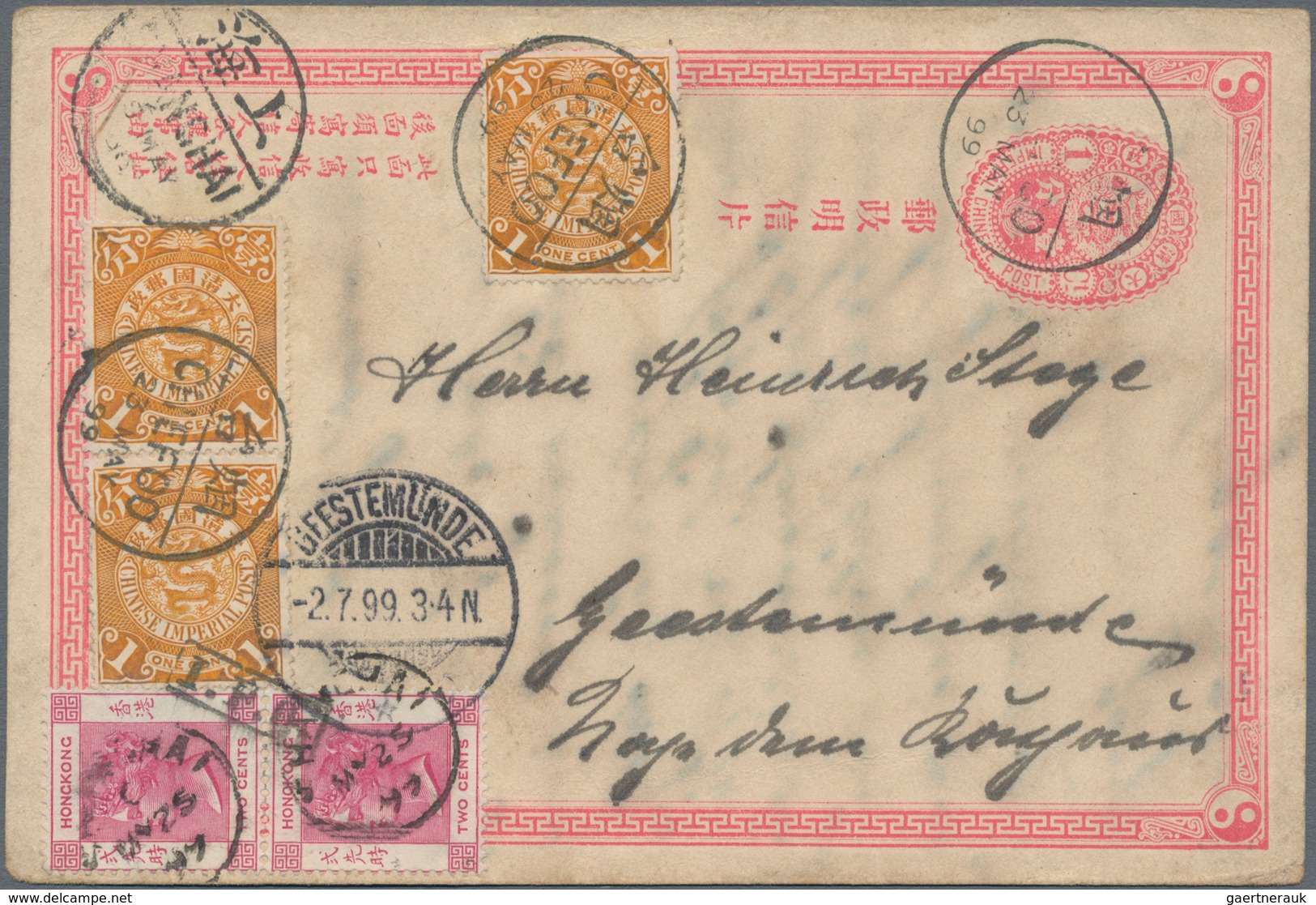 China - Ganzsachen: 1897, Card ICP 1 C. Uprated Coiling Dragon 1 C. (3) Canc. Bisected Bilingual "CH - Cartes Postales
