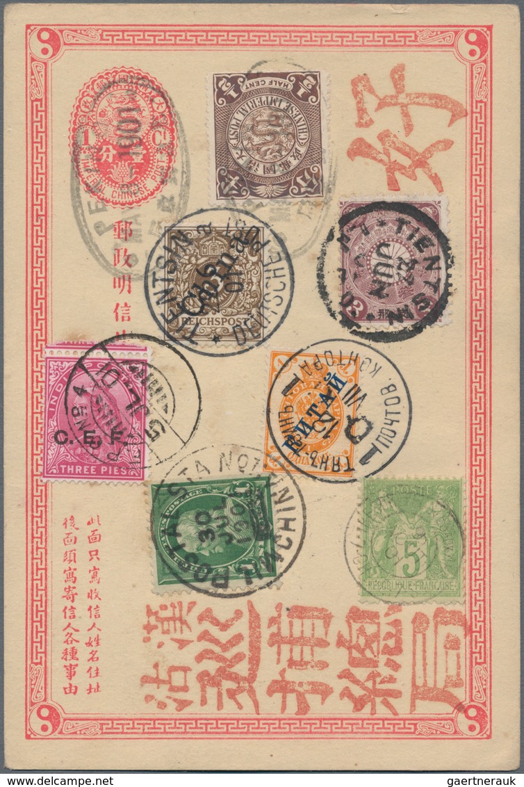 China - Ganzsachen: 1897, Card ICP 1 C. Uprated Coiling Dragon 1/2 C. Canc. Oval Bilingual "PEKING M - Postkaarten
