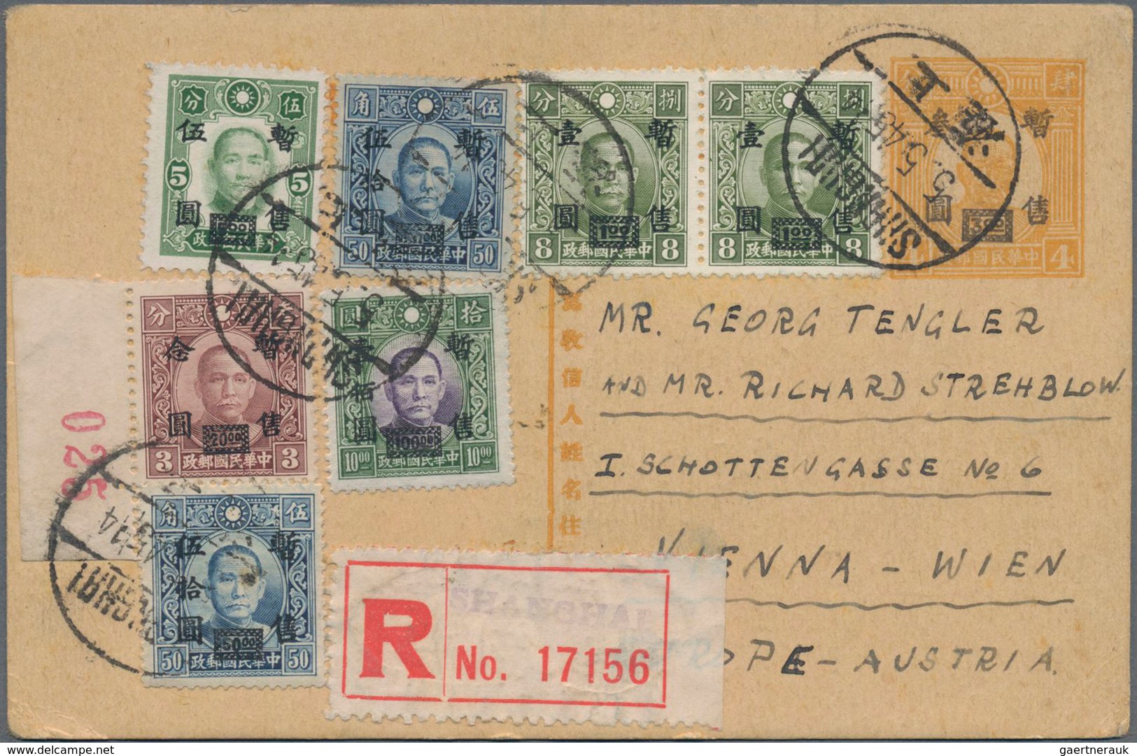 China - Ganzsachen: 1944, Stationery Card $3/4 C. Uprated Surcharges $1 (2), $5, $20 (corner Copy), - Postales