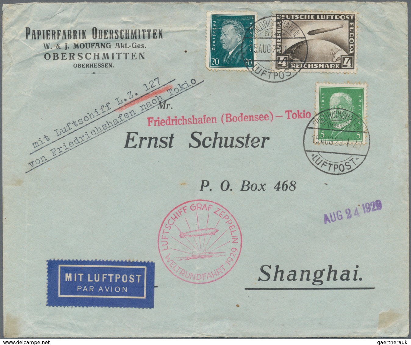 China - Flugpost: 1929, Zeppelin Round-the-world Cover To China: Germany 4 M. Etc. Total 4.25 M. Tie - Other & Unclassified