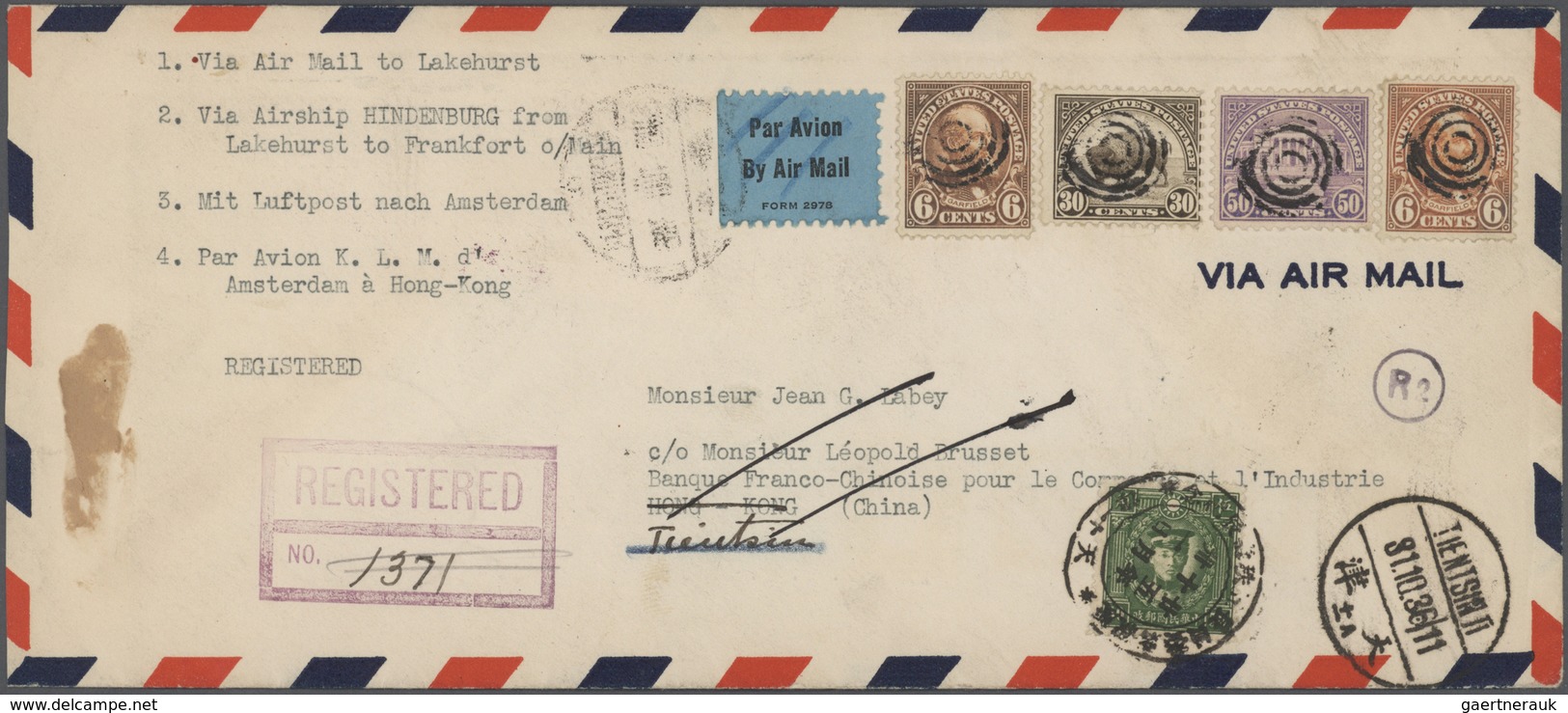 China - Flugpost: 1936, Zeppelin-mail Incoming: USA $1.92 Frank On Registered Air Mail Cover From "H - Other & Unclassified