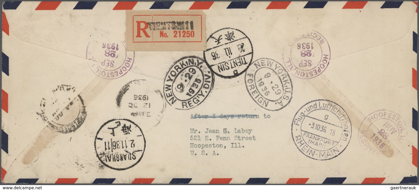 China - Flugpost: 1936, Zeppelin-mail Incoming: USA $1.92 Frank On Registered Air Mail Cover From "H - Other & Unclassified
