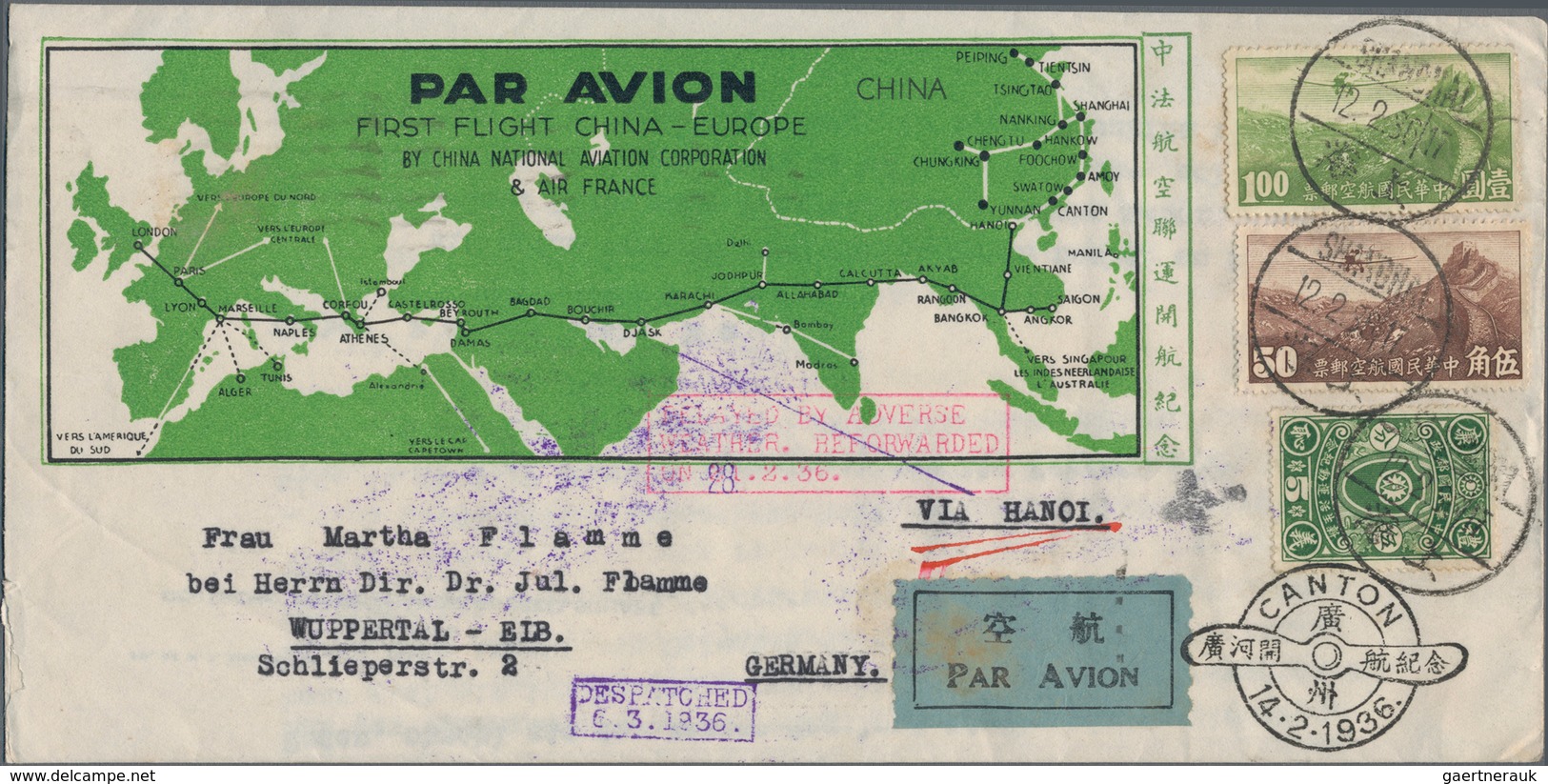 China - Flugpost: 1936, CNAC+Air France FFC: Official Pictorial Envelope Franked Total $1.55 Tied "S - Otros & Sin Clasificación