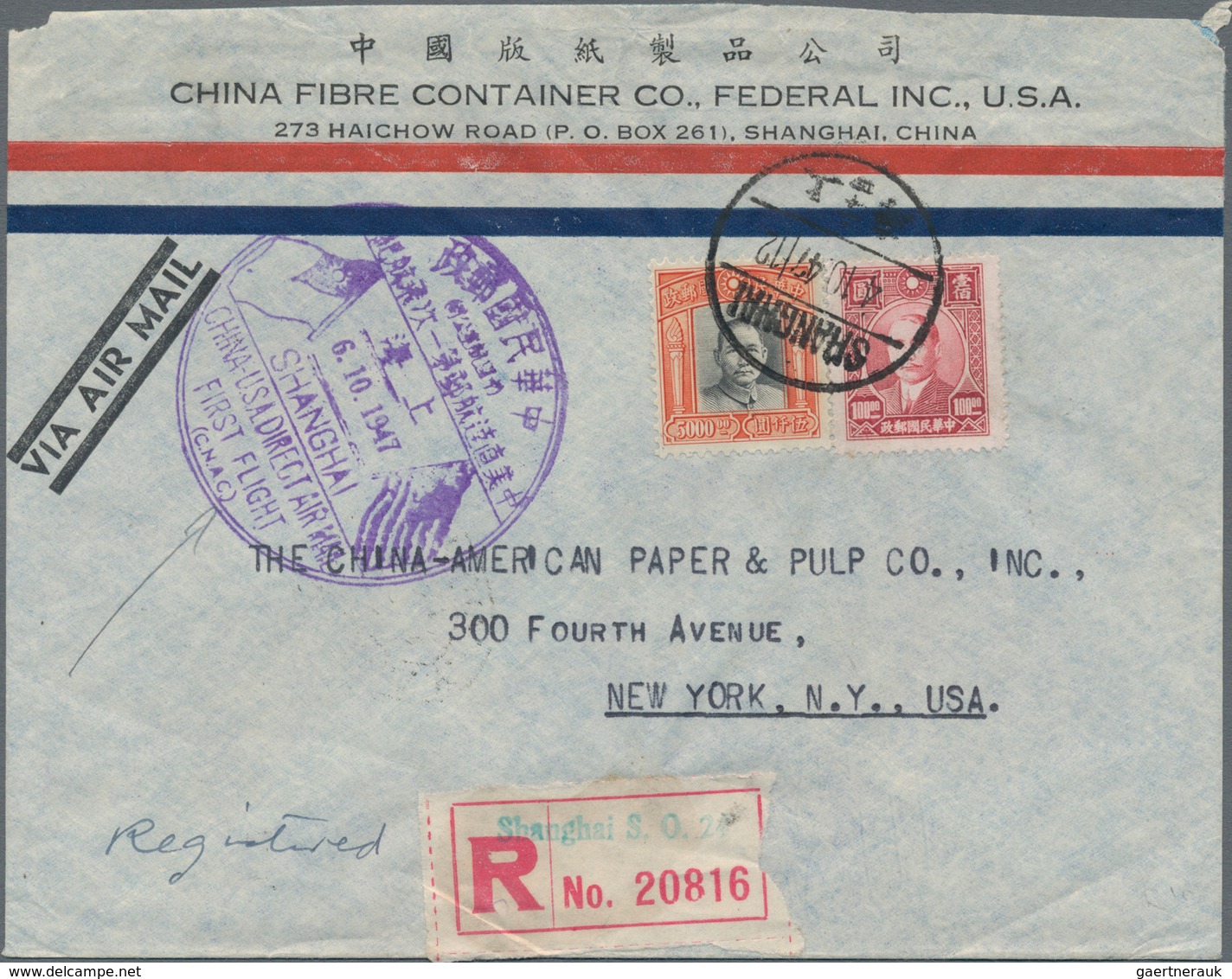 China - Flugpost: 1947, FFC CNAC To USA W. Large Violet "CHINA-USA DIRECT AIR MAIL SHANGHAI 6.10.47" - Other & Unclassified