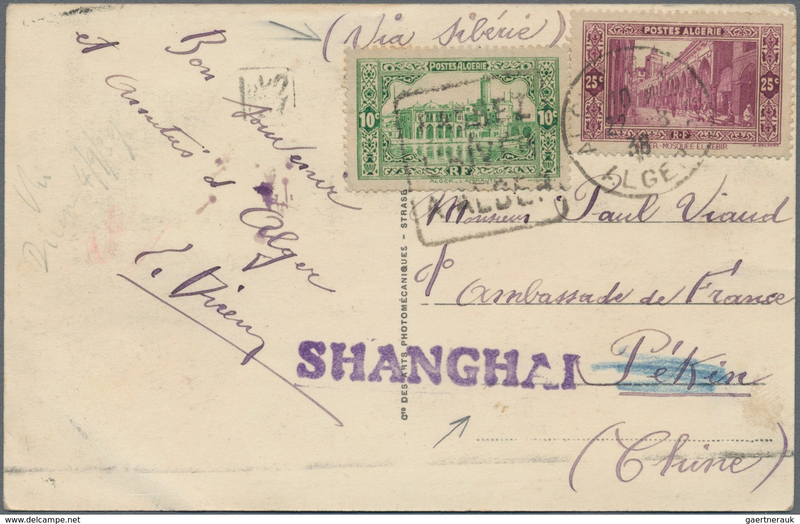 China - Incoming Mail: 1938, Algeria, 10 C., 25 C. Tied Duplex "ALGER 22-8 38" To Ppc (Alger, Place - Autres & Non Classés