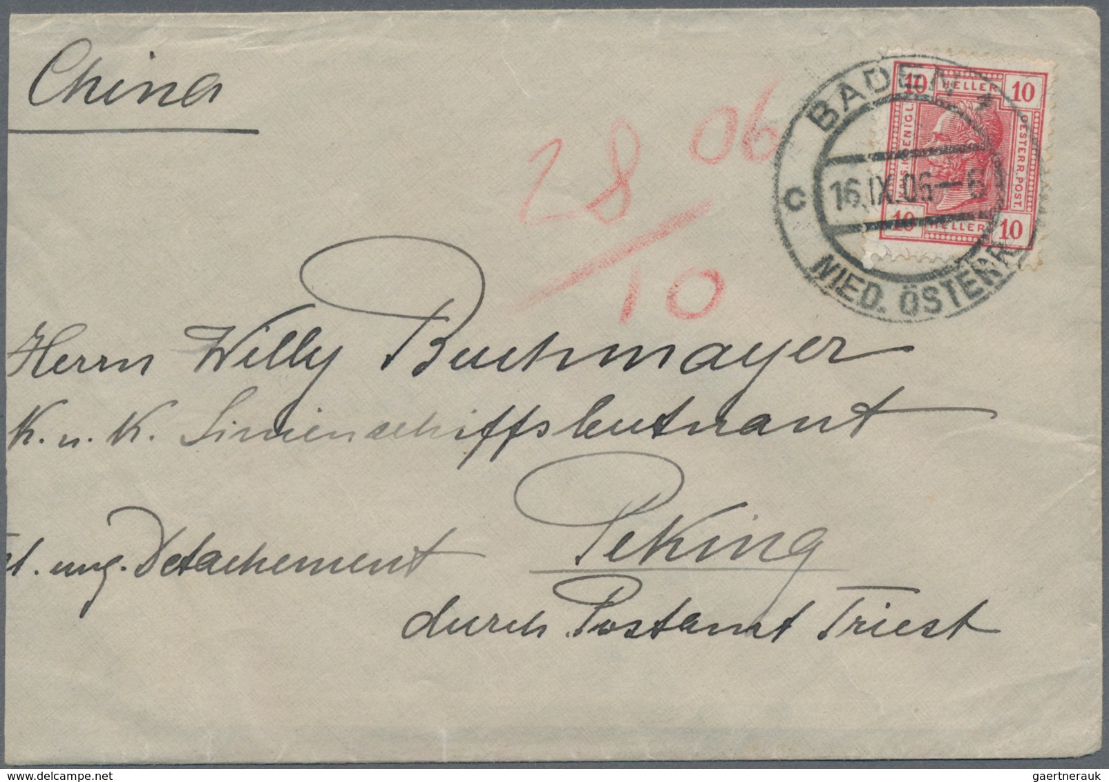 China - Incoming Mail: 1908, Austria: 10 H. Red Tied "BADEN 16.IX.06" To Small Cover To Ship-of-line - Otros & Sin Clasificación