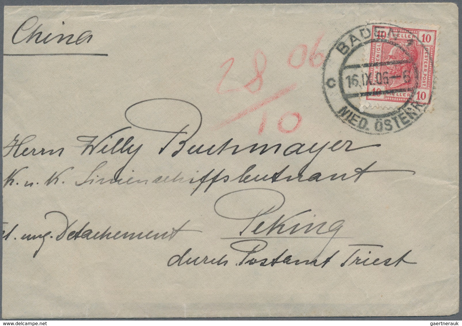 China - Incoming Mail: 1908, Austria: 10 H. Red Tied "BADEN 16.IX.06" To Small Cover To Ship-of-line - Other & Unclassified