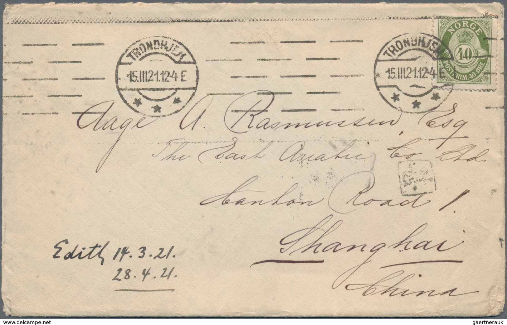 China - Incoming Mail: 1921, Letter From Trondheim/Norway To SHANGHAI With Frame Postmark On Backsid - Otros & Sin Clasificación