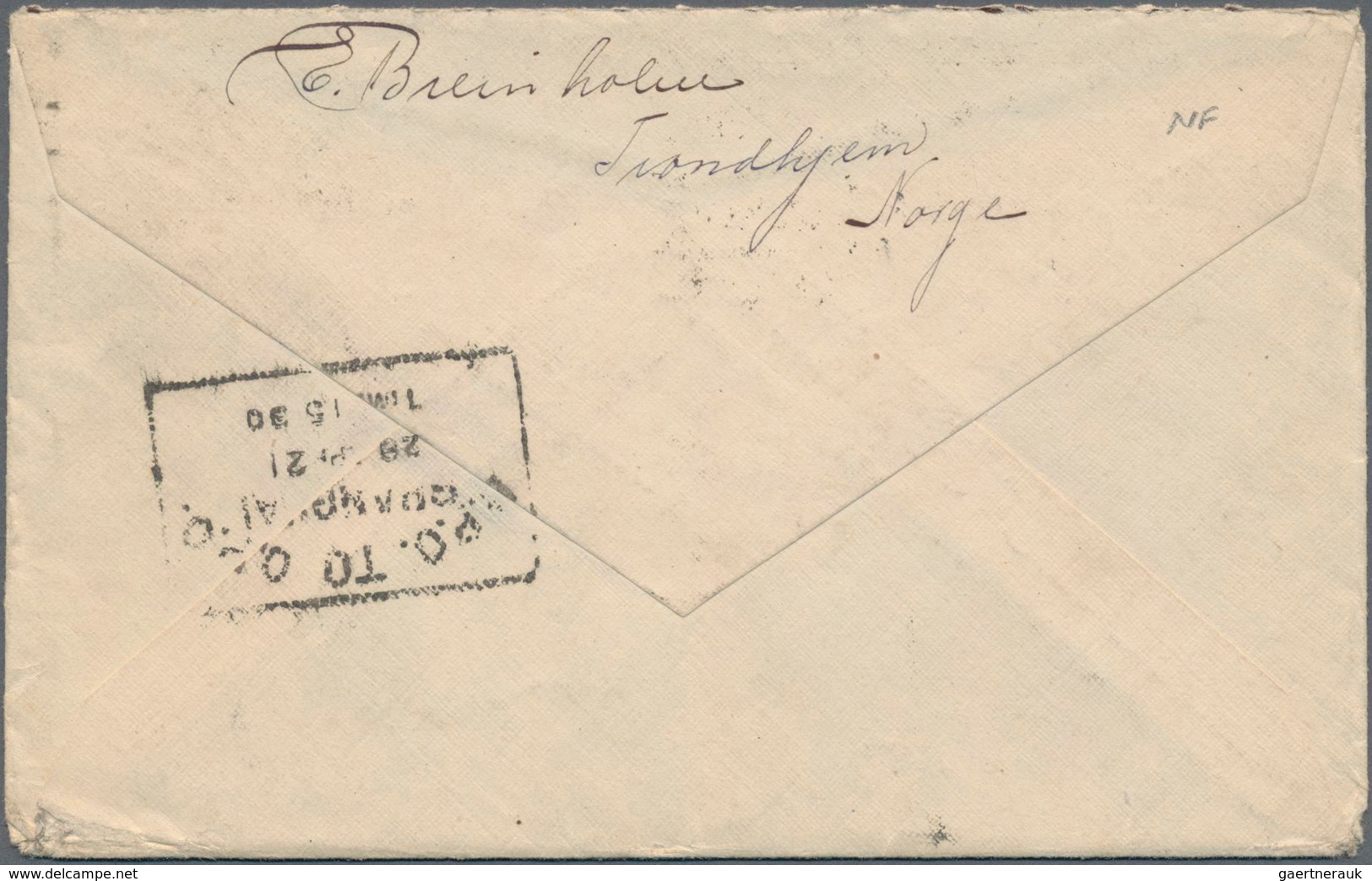 China - Incoming Mail: 1921, Letter From Trondheim/Norway To SHANGHAI With Frame Postmark On Backsid - Other & Unclassified