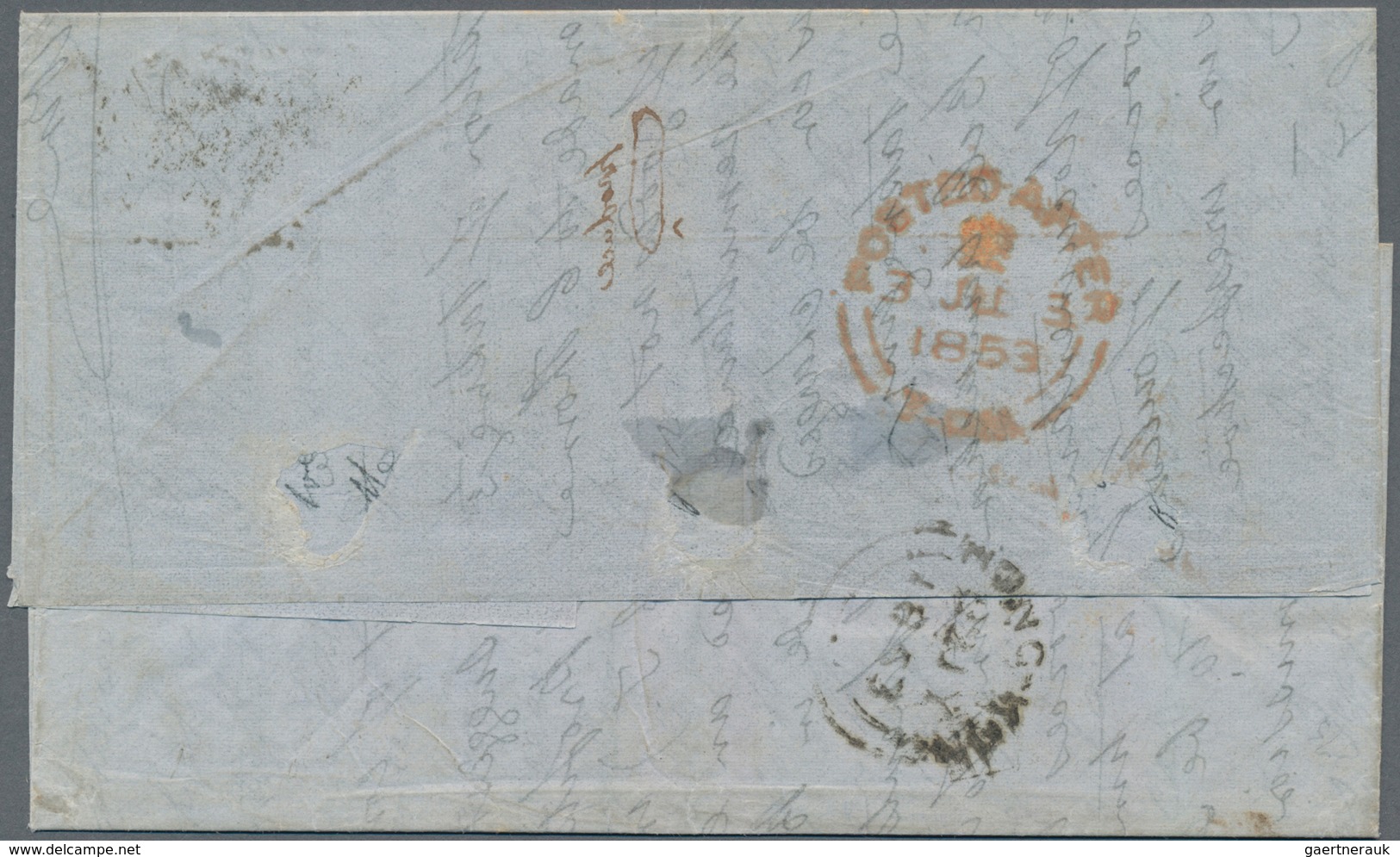 China - Incoming Mail: 1853, England, QV 1 Sh. Greenoctogonal Imperf. Horizontal Strip-4 (faults) Ca - Autres & Non Classés