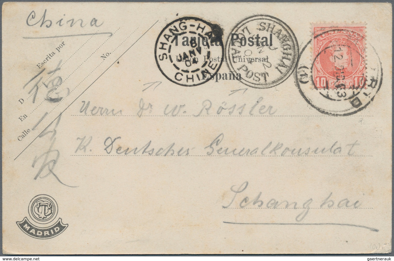 China - Incoming Mail: 1904, Spain. King Alphonso 10 C. Carmine Tied "MADRID 12 DIC 03" To Ppc (roya - Otros & Sin Clasificación