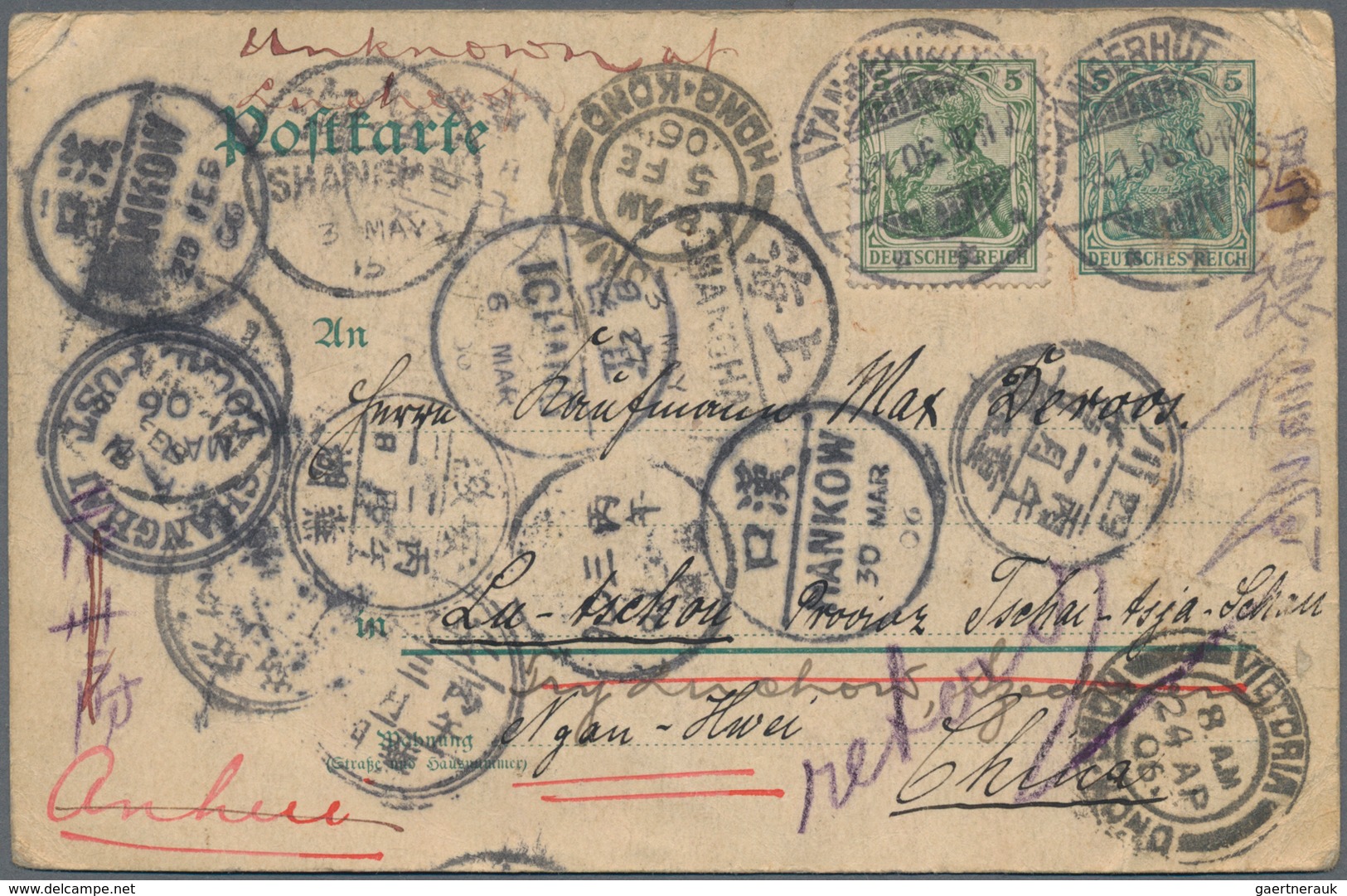 China - Incoming Mail: 1906, Germany Card 5 Pf. Uprated 5 Pf. "TANGERMÜNDE 3.1.06" To "Lao-Tschou Ng - Otros & Sin Clasificación