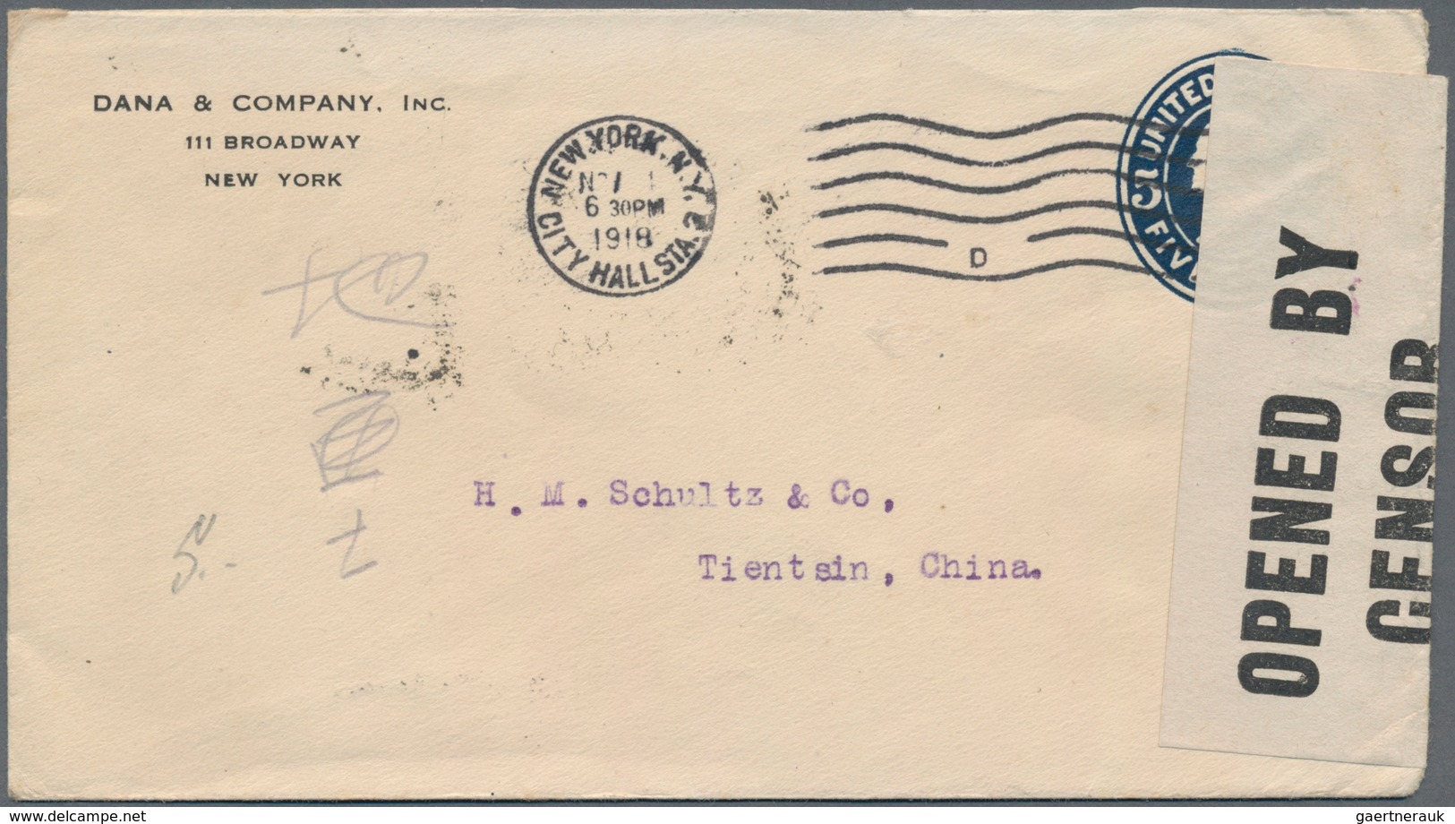 China - Incoming Mail: 1918, USA, Stationery Envelope 5 C. "NEW YORK CITY HALL STA. NOV 1 1918" To T - Other & Unclassified