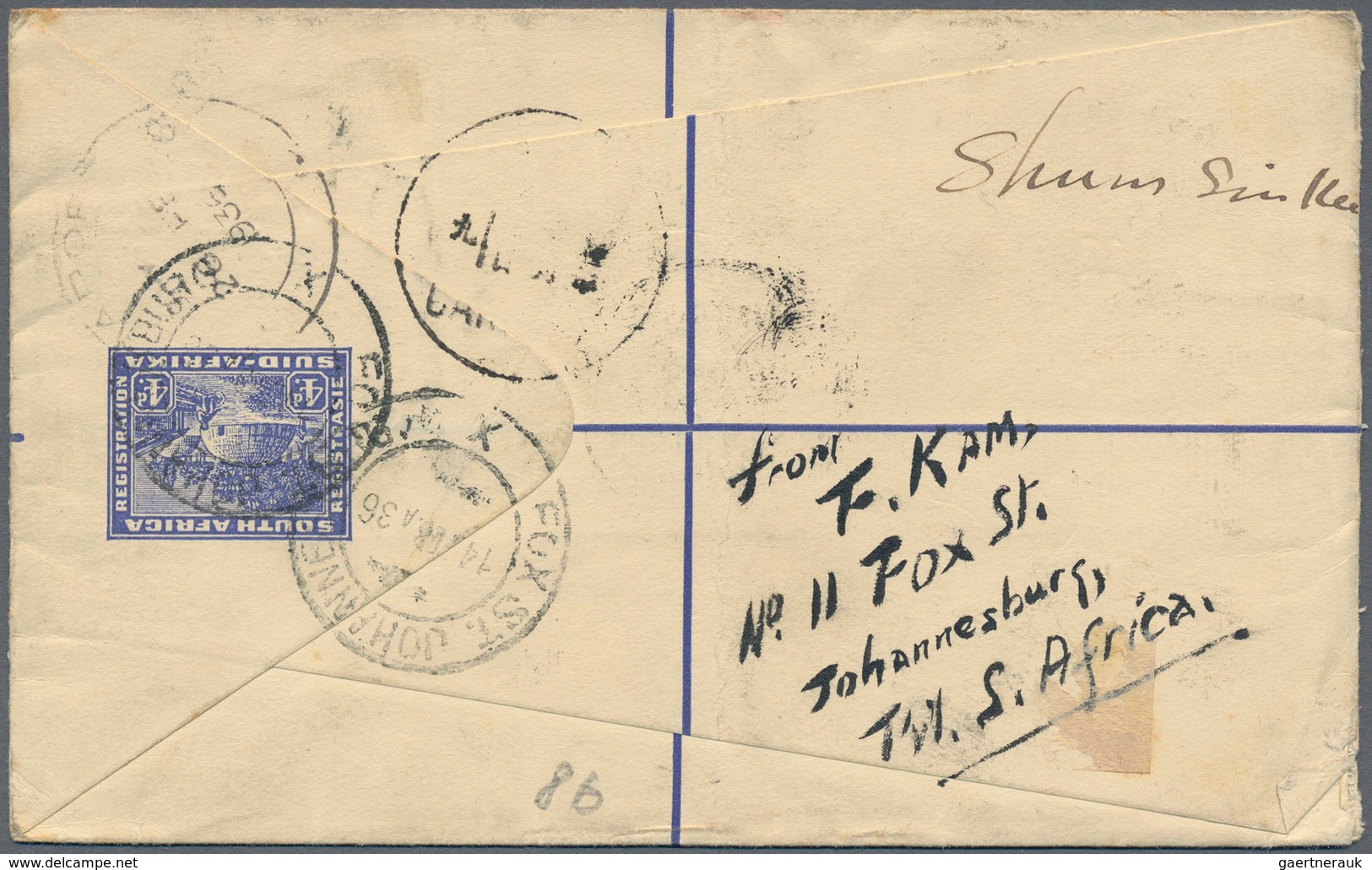 China - Incoming Mail: 1936, South Africa, Registration Envelope 4d By Air Mail With 1 Sh., 6d, 1d ( - Otros & Sin Clasificación