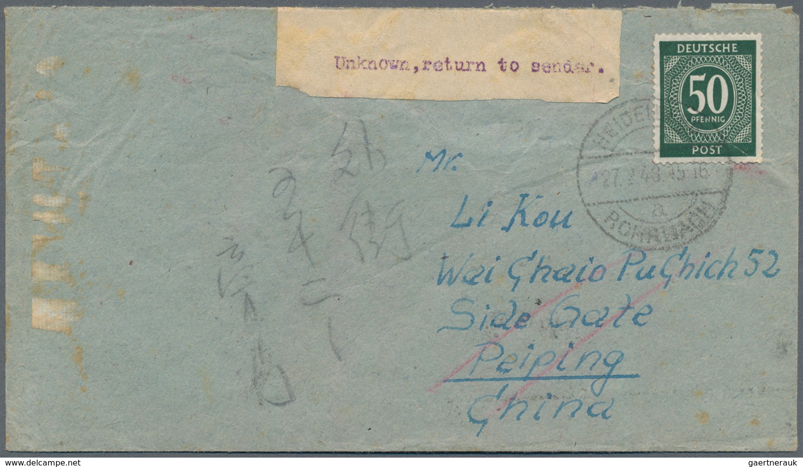 China - Incoming Mail: 1948, Germany 50 Pf. Tied "HEIDELBERG-ROHRBACH 27.2.48" To Peiping With Shang - Other & Unclassified