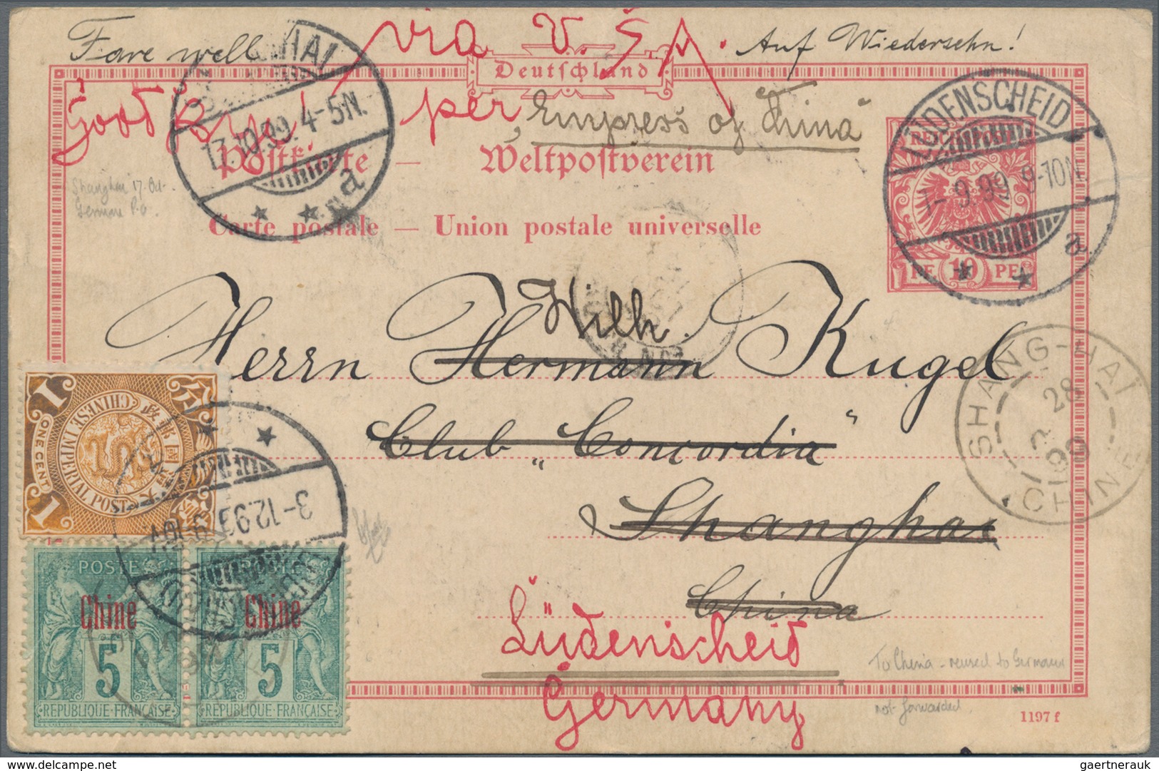 China - Fremde Postanstalten / Foreign Offices: France, 1899, UPU Card Germany "LÜDENSCHEID 1.9.99" - Other & Unclassified