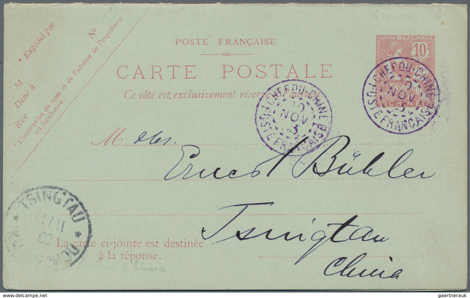 China - Fremde Postanstalten / Foreign Offices: 1903, France, Stationery Double Card 10+10 C. Type M - Otros & Sin Clasificación