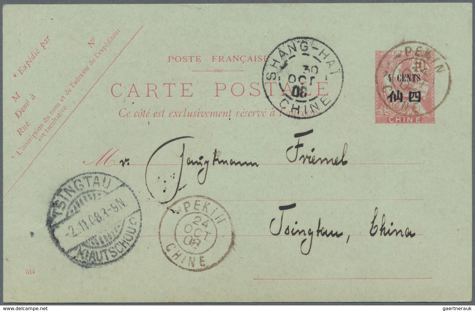 China - Fremde Postanstalten / Foreign Offices: France, 1908, UPU Card 4 C./10 Cts. Canc. "PEKING 24 - Otros & Sin Clasificación
