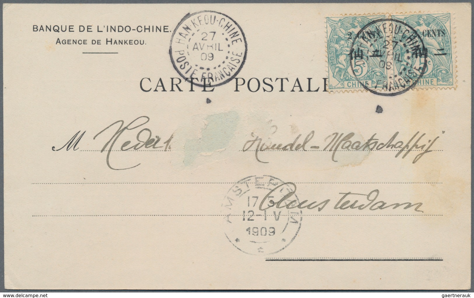 China - Fremde Postanstalten / Foreign Offices: France, 1909, 2 C./5 Cts, A Horizontal Pair Tied "HA - Other & Unclassified
