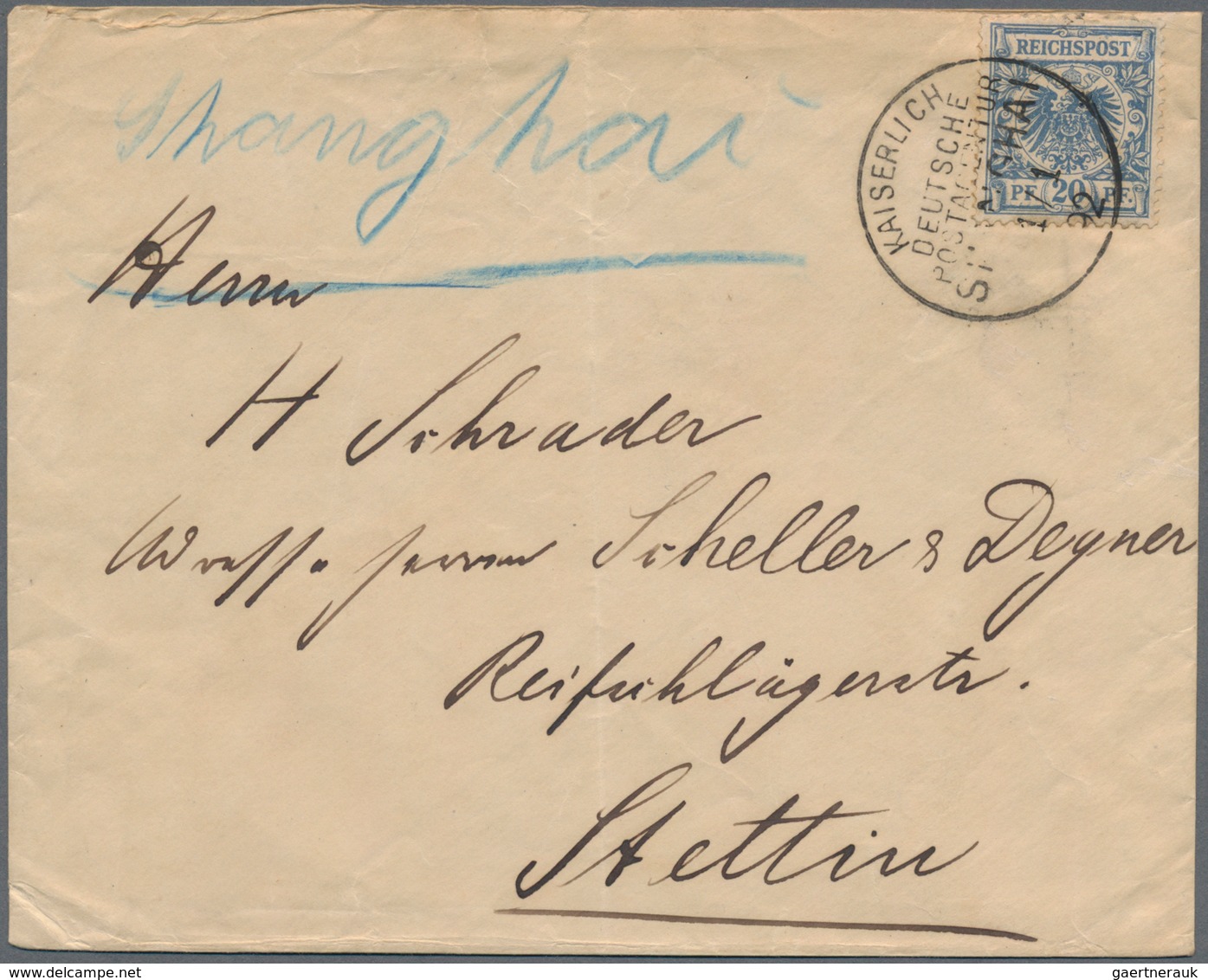 China - Fremde Postanstalten / Foreign Offices: 1892, Crown/eagle 20 Pf Blue Tied Large "KDPA SHANGH - Other & Unclassified
