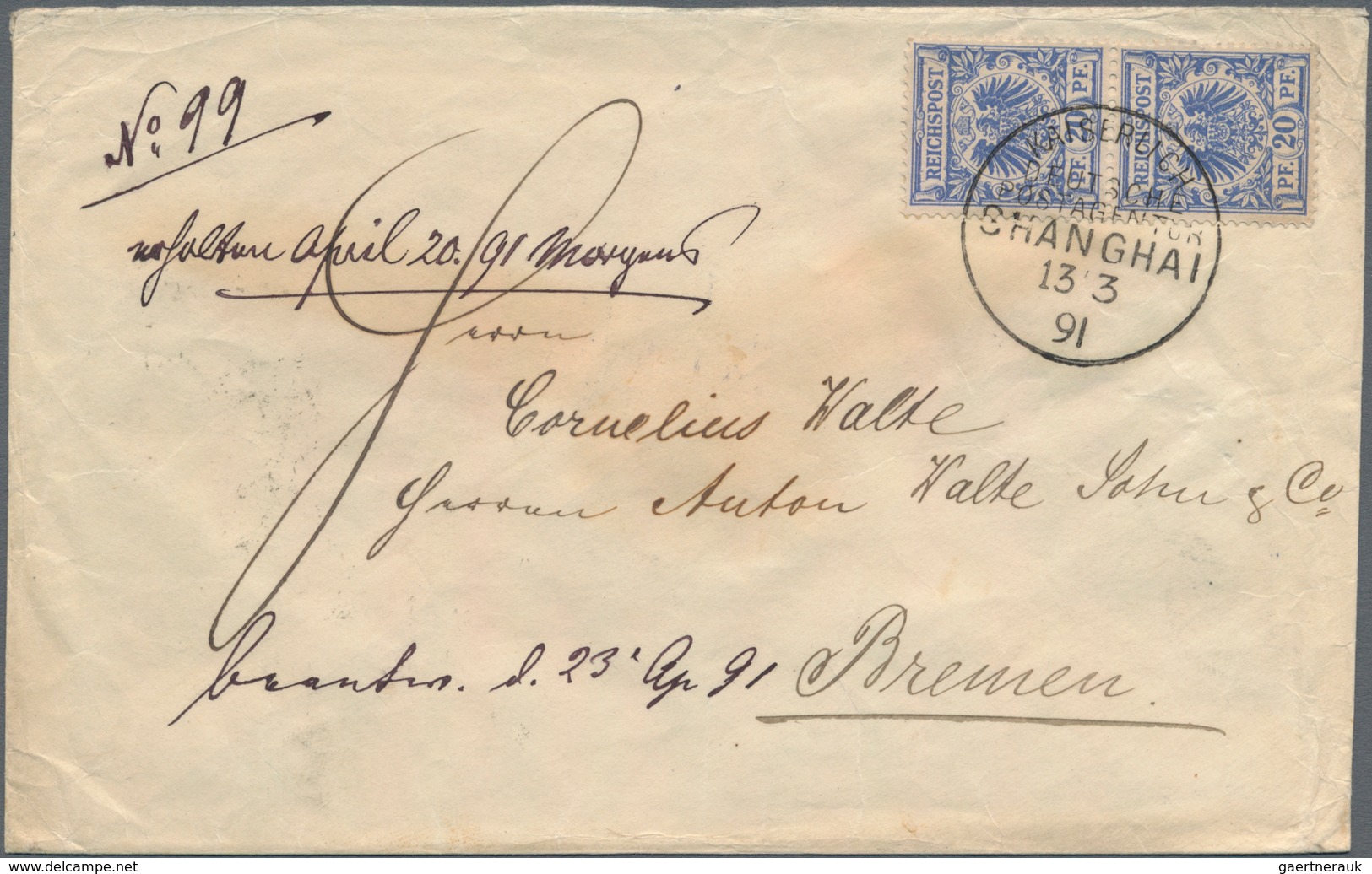 China - Fremde Postanstalten / Foreign Offices: Germany, 1892, Crown/eagle 20 Pf. Vertical Pair Tied - Otros & Sin Clasificación
