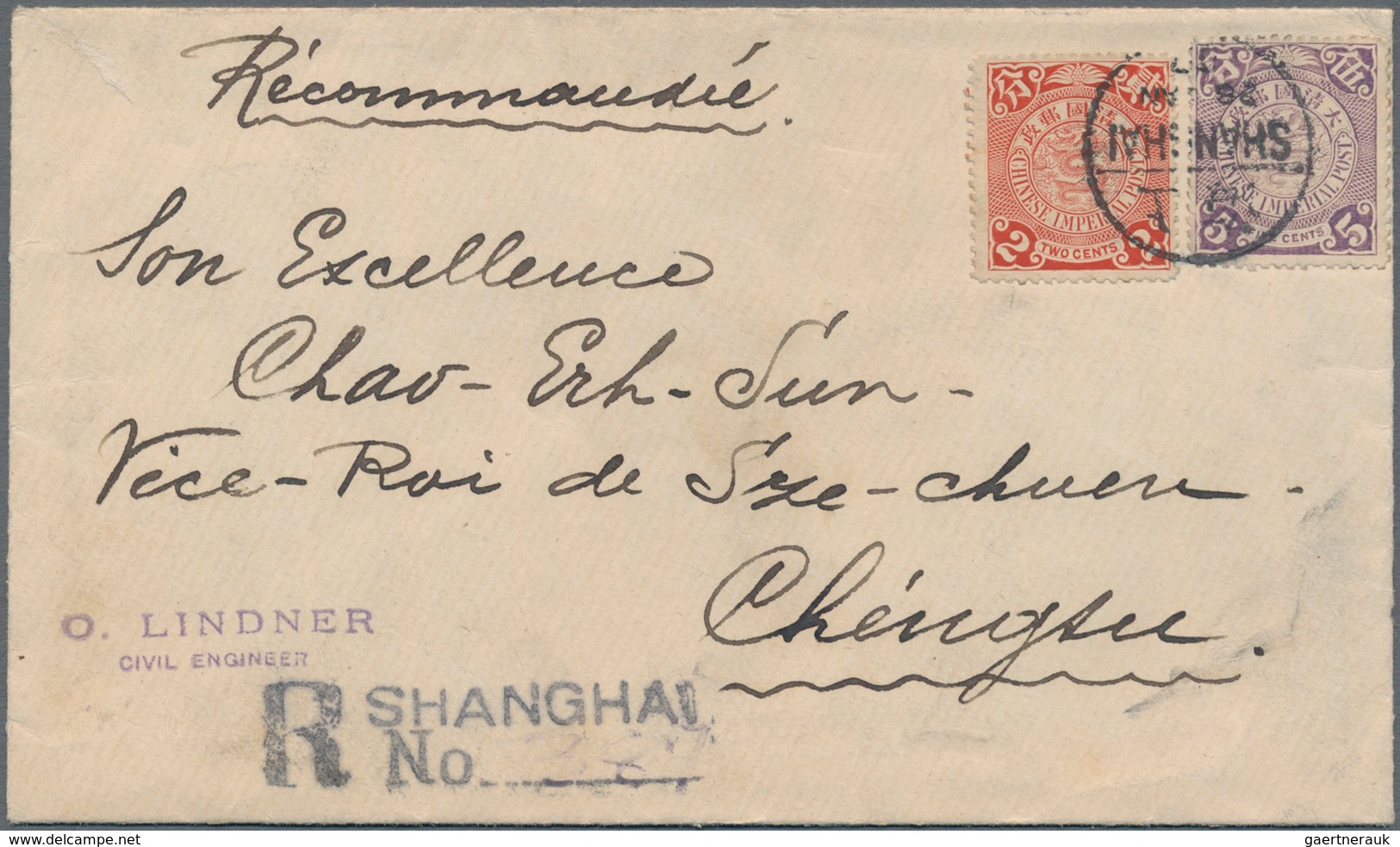China - Besonderheiten: 1902/05, Coiling Dragon 2 C. Carmine Resp. 5 C. Violet Tied Bisectd Bilingua - Otros & Sin Clasificación