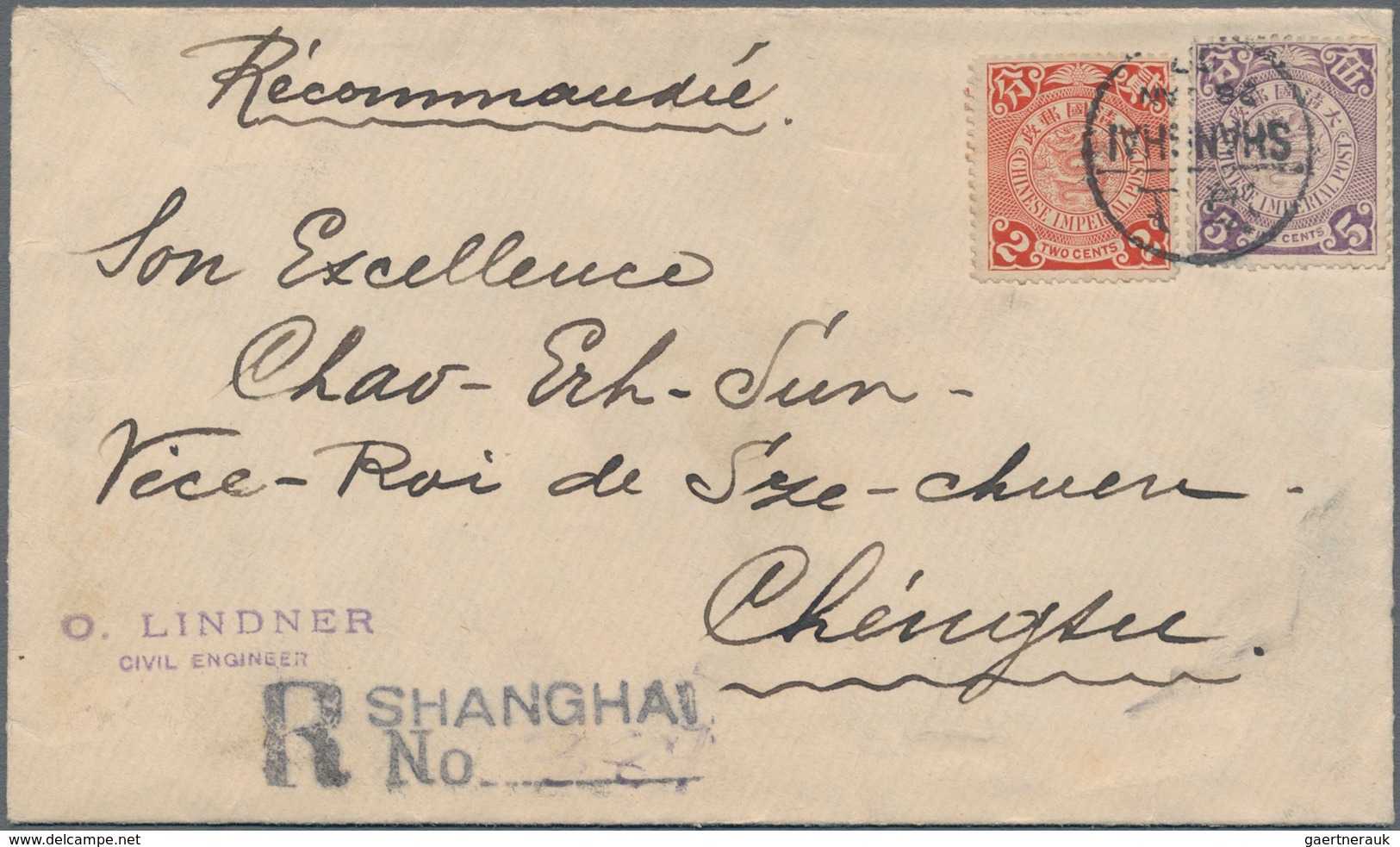 China - Besonderheiten: 1902/05, Coiling Dragon 2 C. Carmine Resp. 5 C. Violet Tied Bisectd Bilingua - Other & Unclassified