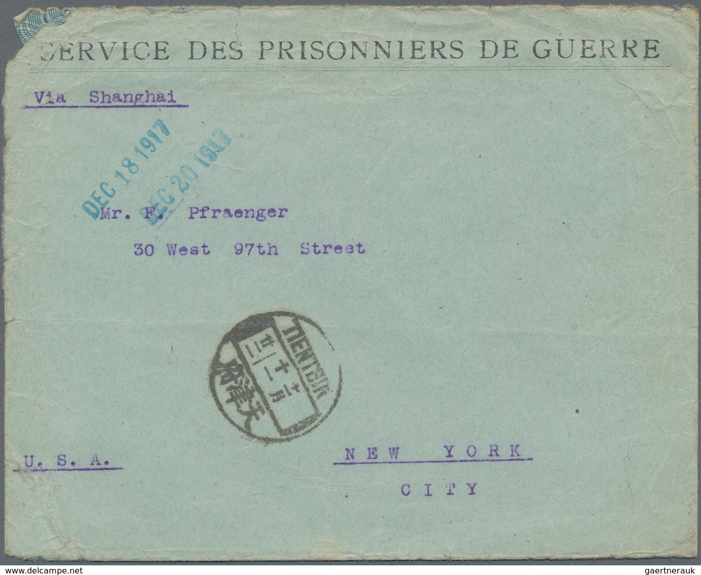 China - Besonderheiten: 1917, Stampless POW-matter Mail On Envelope With Printed "SDPDG" From "TIENT - Autres & Non Classés