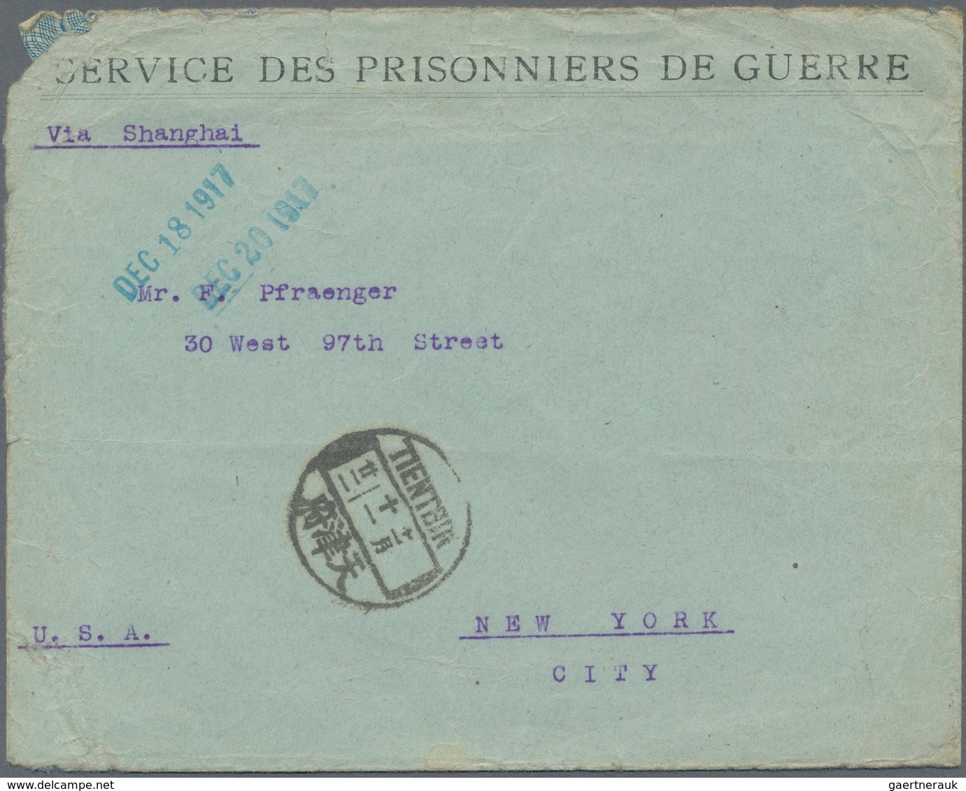 China - Besonderheiten: 1917, Stampless POW-matter Mail On Envelope With Printed "SDPDG" From "TIENT - Other & Unclassified