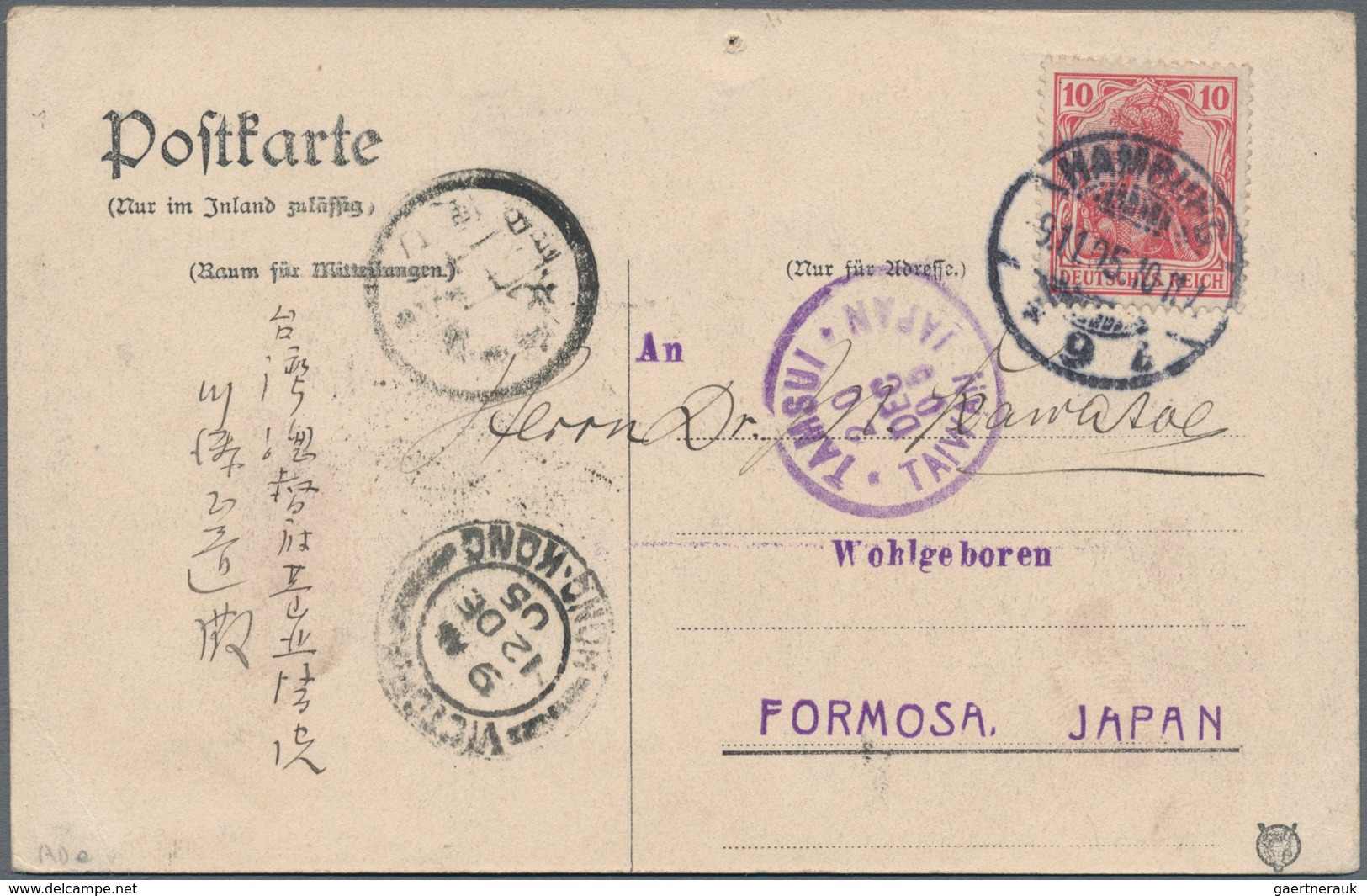 China - Taiwan (Formosa): 1905, "TAMSUI TAIWAN JAPAN 20 DEC 05" In Violet On Incoming German Ppc (Be - Unused Stamps