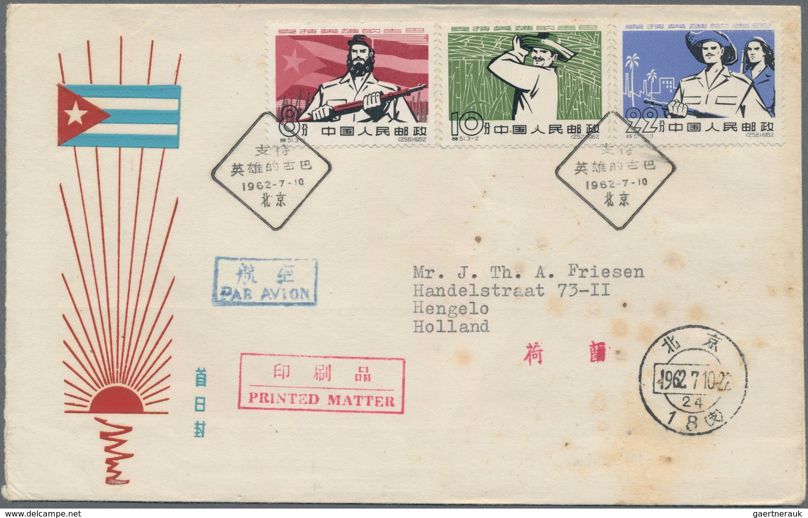 China - Volksrepublik: 1962, Support For Cuba, Set Of 3 Used On Official FDC Addressed To Hengelo, H - Lettres & Documents