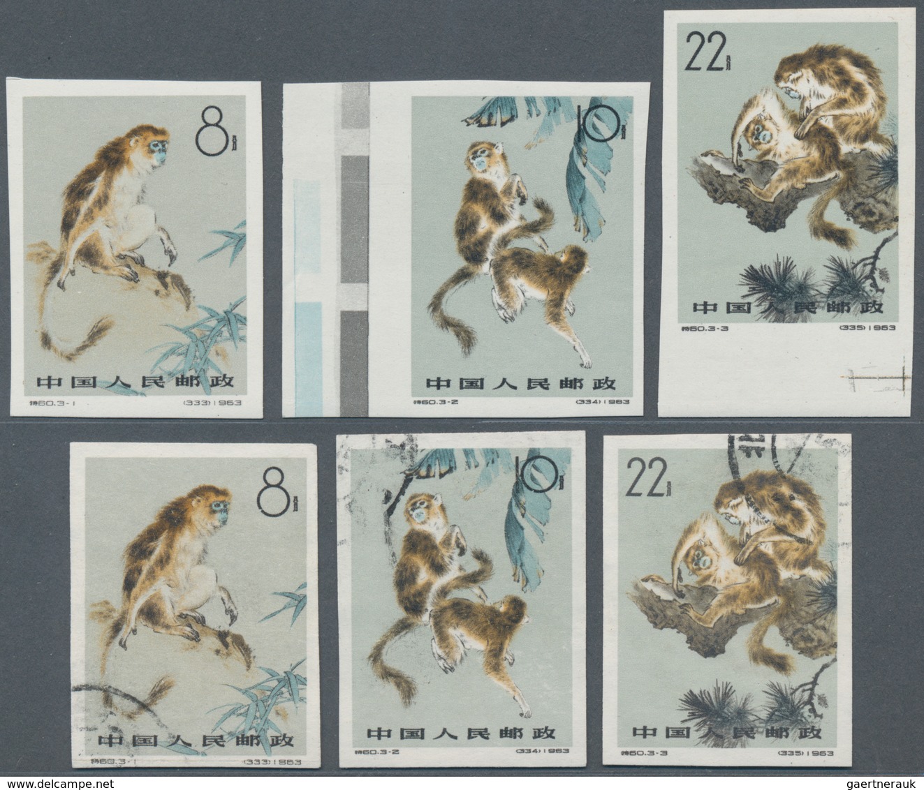 China - Volksrepublik: 1963, Snub-nose Monkeys Imperforate (S60), 2 Complete Sets Of 3, MNH And Used - Lettres & Documents