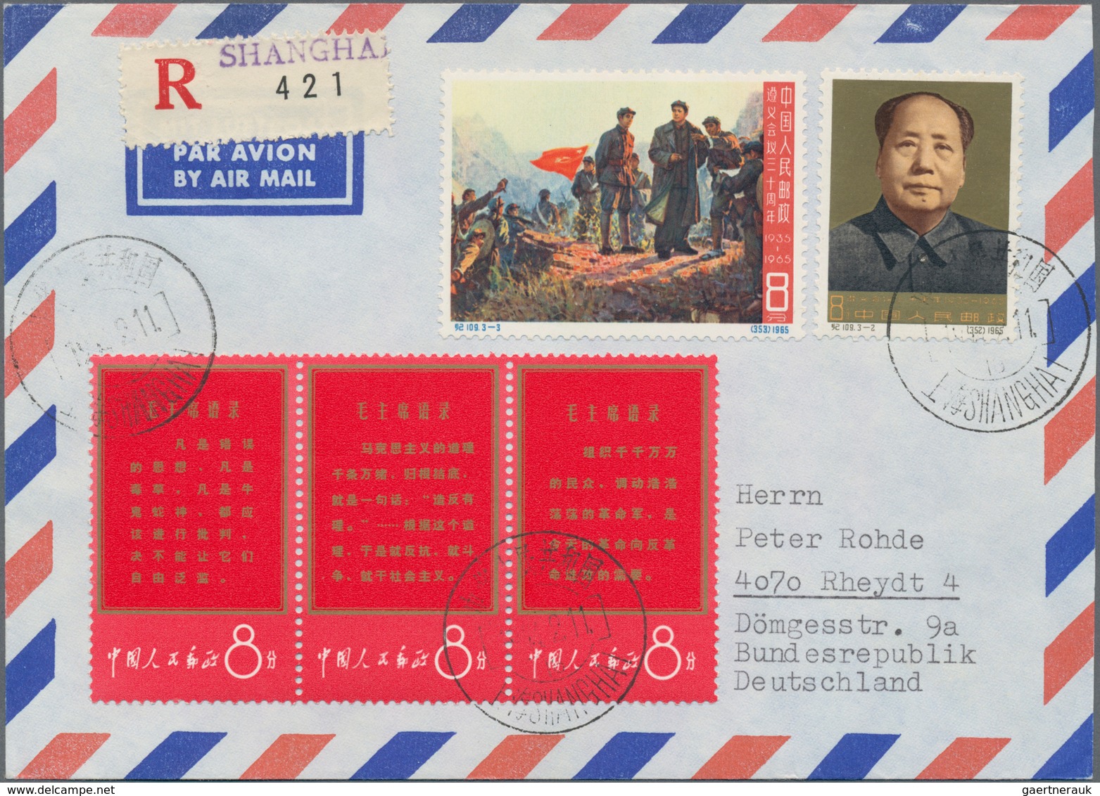 China - Volksrepublik: 1965/73, Registered Cover Addressed To Germany, Bearing 3 Stamps Of The "Thou - Lettres & Documents