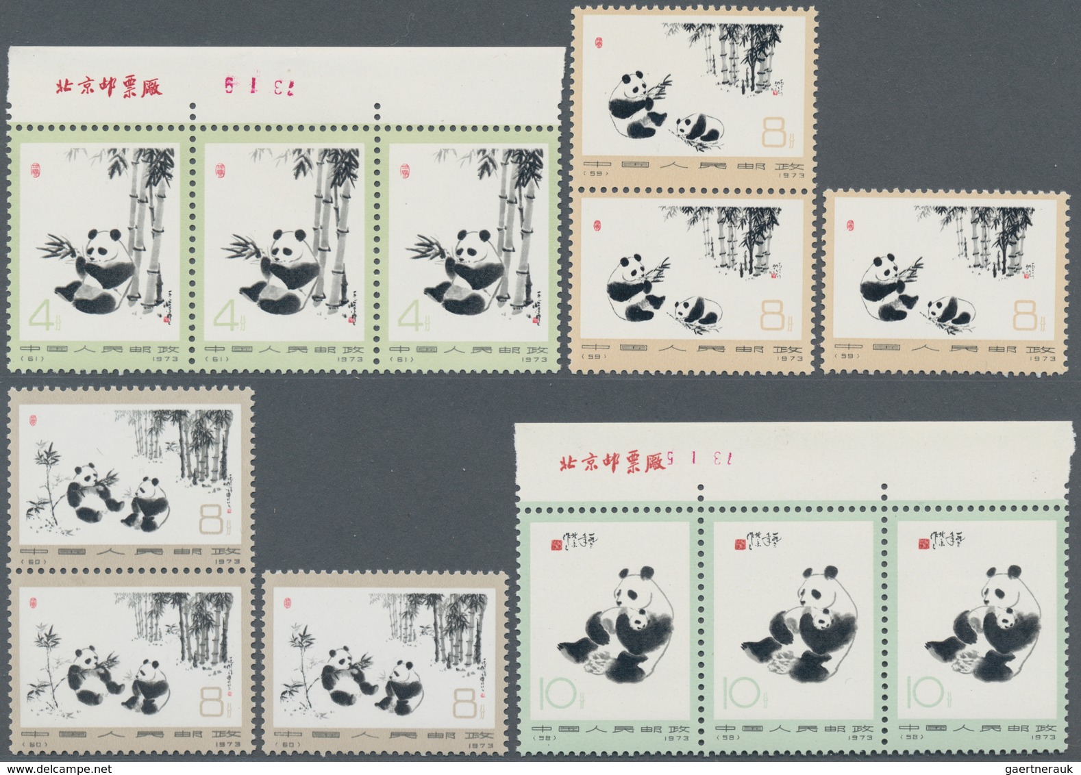 China - Volksrepublik: 1973, Giant Pandas, 3 Complete Sets Of 6, Mostly As Stripes With Margins And - Cartas & Documentos