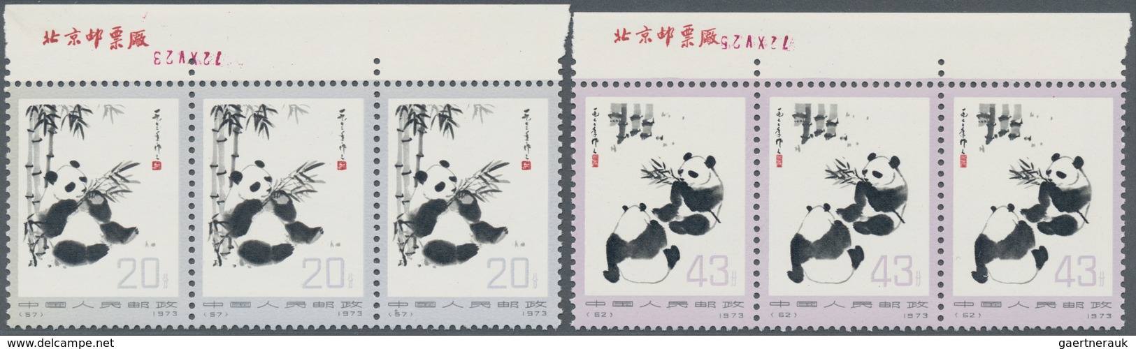 China - Volksrepublik: 1973, Giant Pandas, 3 Complete Sets Of 6, Mostly As Stripes With Margins And - Cartas & Documentos