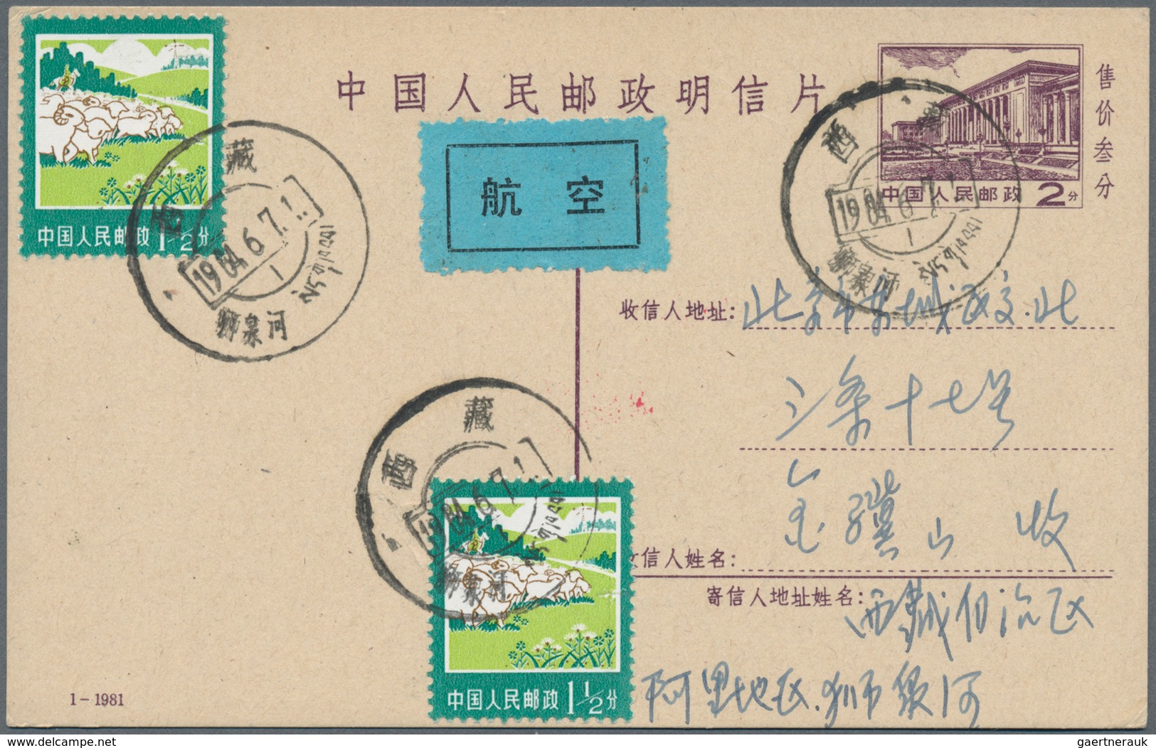 China - Volksrepublik - Ganzsachen: 1981, Used In Tibet, Cards 2 F. Brown (1-1981) Uprated By Air Ma - Postcards