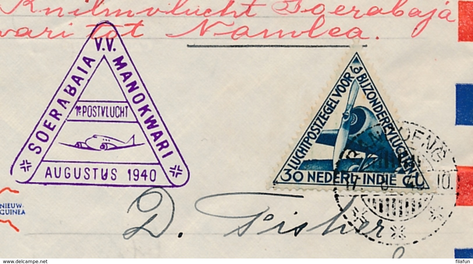Nederlands Indië - 1940 - Groote Oost Envelop Met 1e KNILM Vlucht Soerabaja - Manokwari -- Trajectpost Naar Namlea - Nederlands-Indië