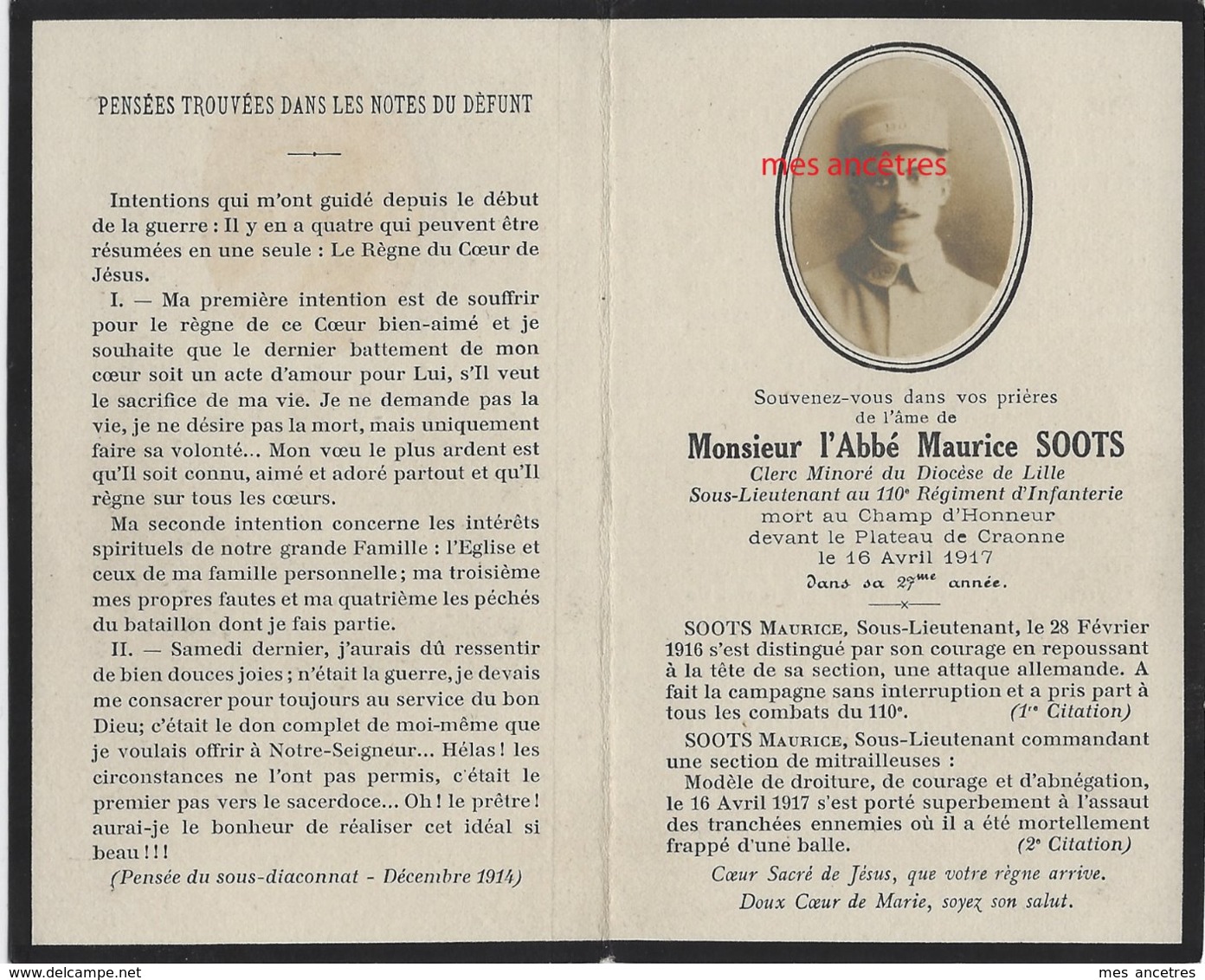 Guerre 1914-mort  Pour La France En 1917 Craonne-Abbé Maurice SOOTS-Diocèse De Lille-110e R Infanterie Né En Flandres - Décès
