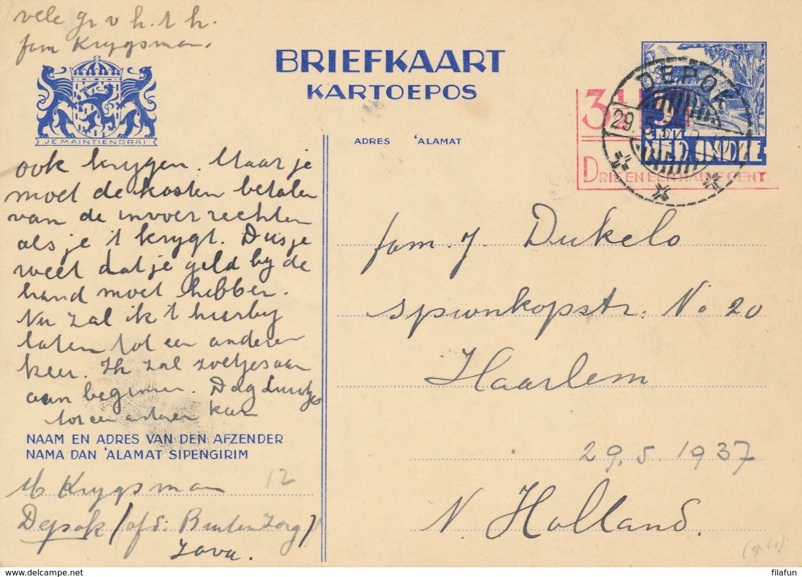 Nederlands Indië - 1937 - 3,5 Op 5 Cent Karbouwen, Briefkaart G61 Van LB DEPOK Naar Haarlem / Nederland - Indes Néerlandaises