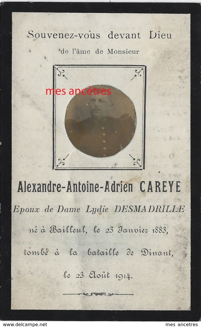 Guerre 1914-mort  Pour La France En 1914 Dinant-110e R- Alexandre CAREYE Né Bailleul (59) Ep Lydie DESMADRILLE - Décès