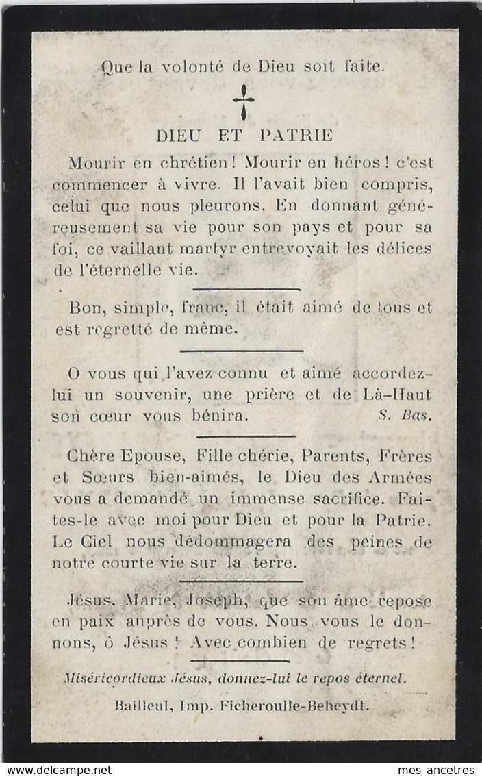 Guerre 1914-mort  Pour La France En 1914 Dinant-110e R- Alexandre CAREYE Né Bailleul (59) Ep Lydie DESMADRILLE - Décès