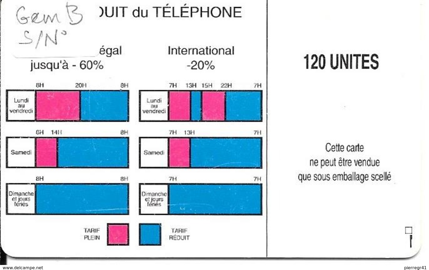 CARTE-PUCE-SENEGAL-120U-GEMB-SONATEL-V°2 Arrondi De 120u/Sans N°-UTILISE-TBE - Senegal