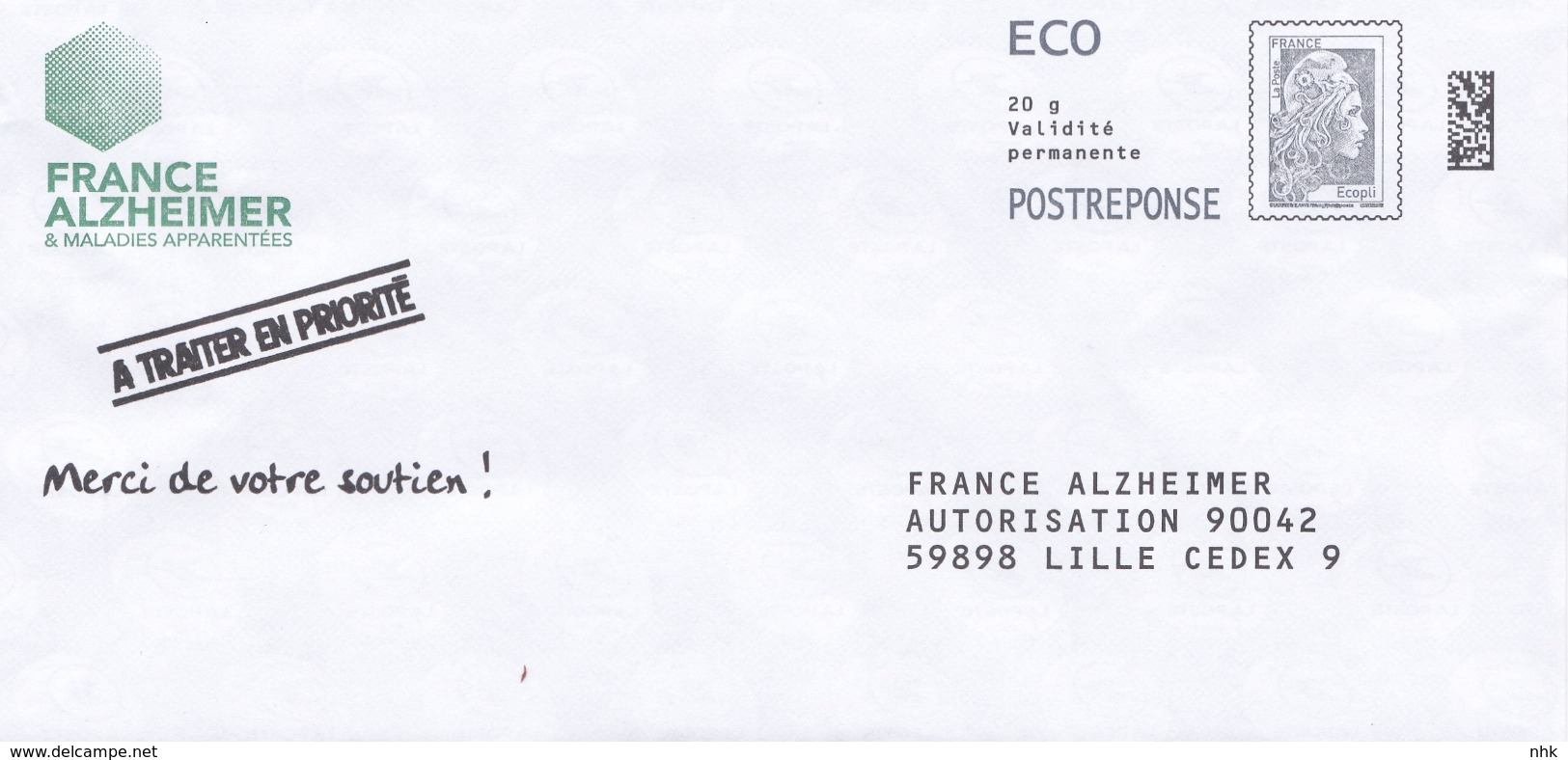 Entiers Postaux : Enveloppe Réponse Type L'Engagée Yzeult Catelin ECO Datamatrix France Alzheimer 212490 ** - Prêts-à-poster:Answer/Marianne L'Engagée