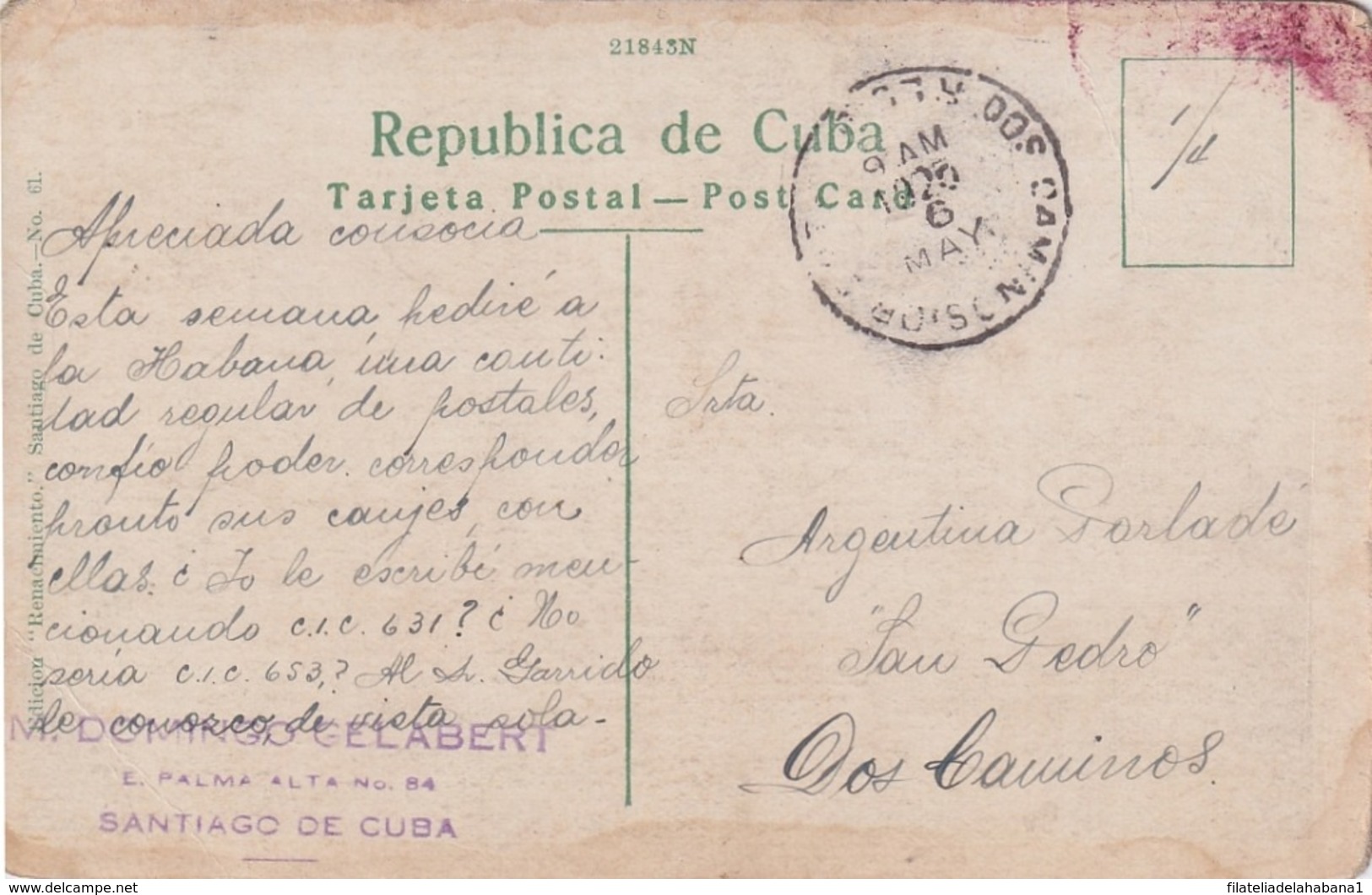 POS-1102 CUBA CIRCA 1925 POSTCARD NAVAL STATION CAIMANERA GUANTANAMO. DOS CAMINOS POSTMARK. - Cuba