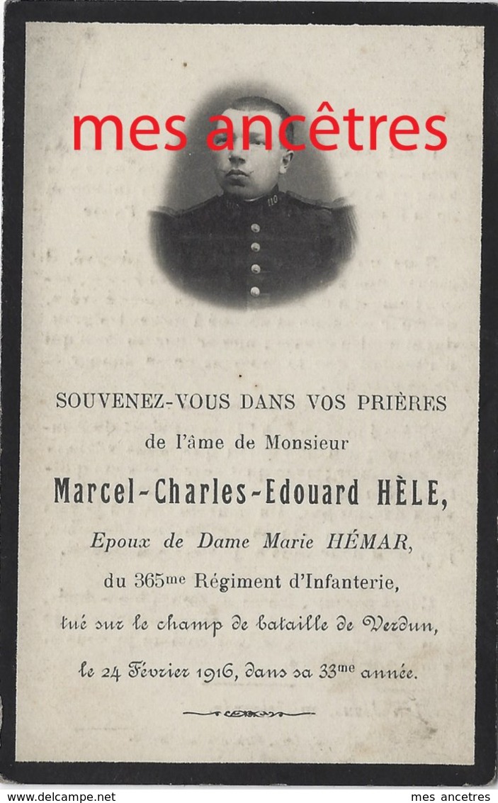 Guerre 1914-mort  Pour La France En 1916 Verdun-Marcel HELE Né En Flandre, Ep Marie HEMAR-365e R - Décès