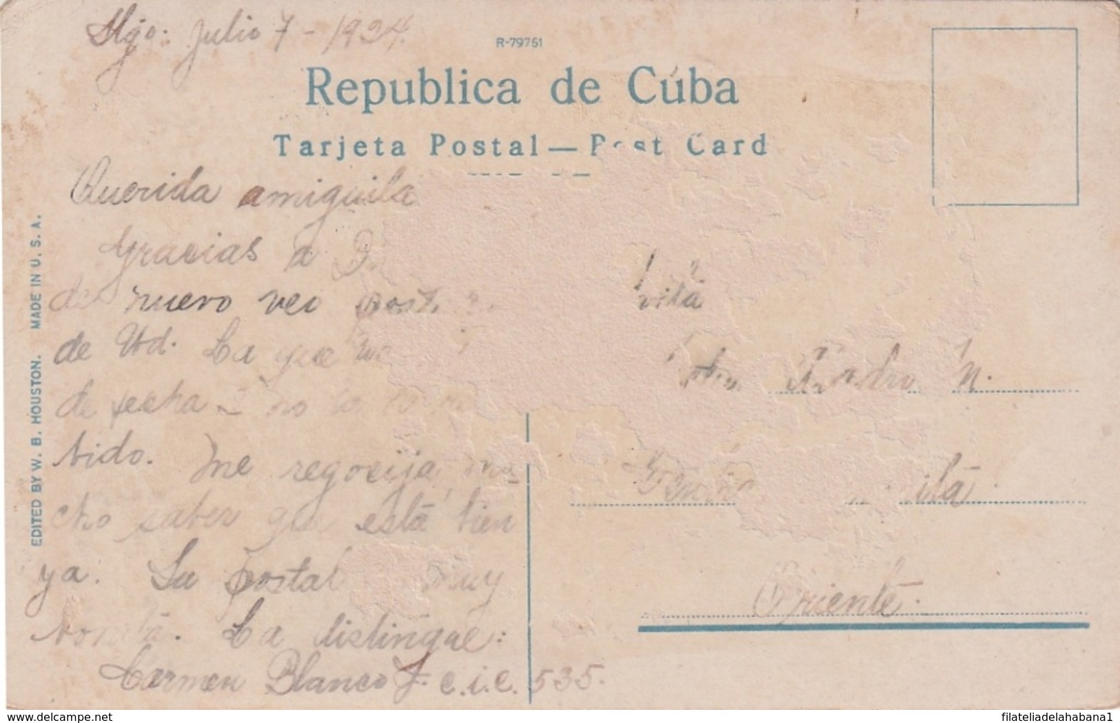 POS-1093 CUBA 1924 POSTCARD NAVAL STATION CAIMANERA GUANTANAMO. ERMITA TO ORIENTE. - Cuba