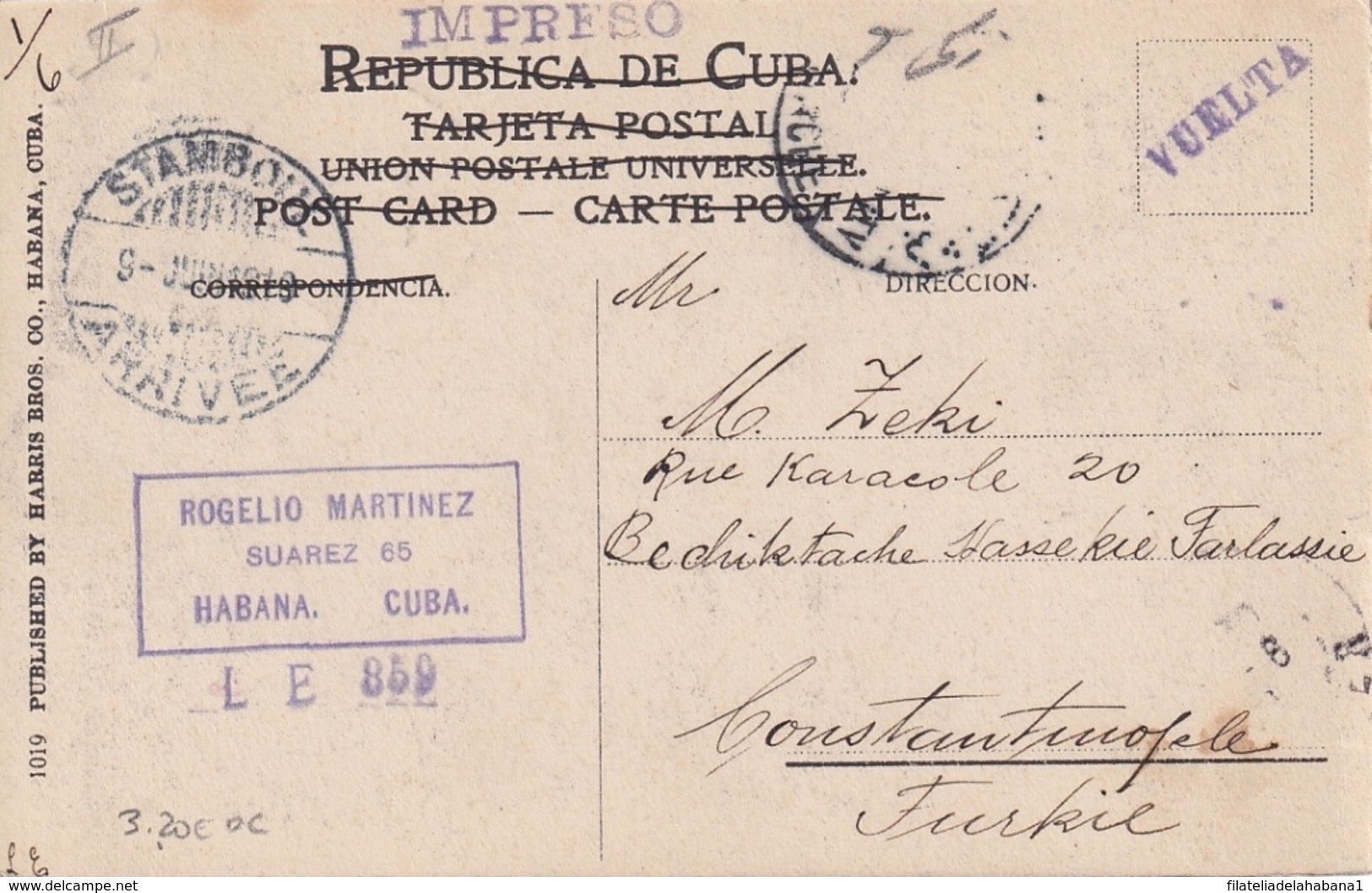 POS-1086 CUBA 1910 POSTCARD TO TURKEY TEMPLETE BUILDING. RARE TRANSIT. - Cuba