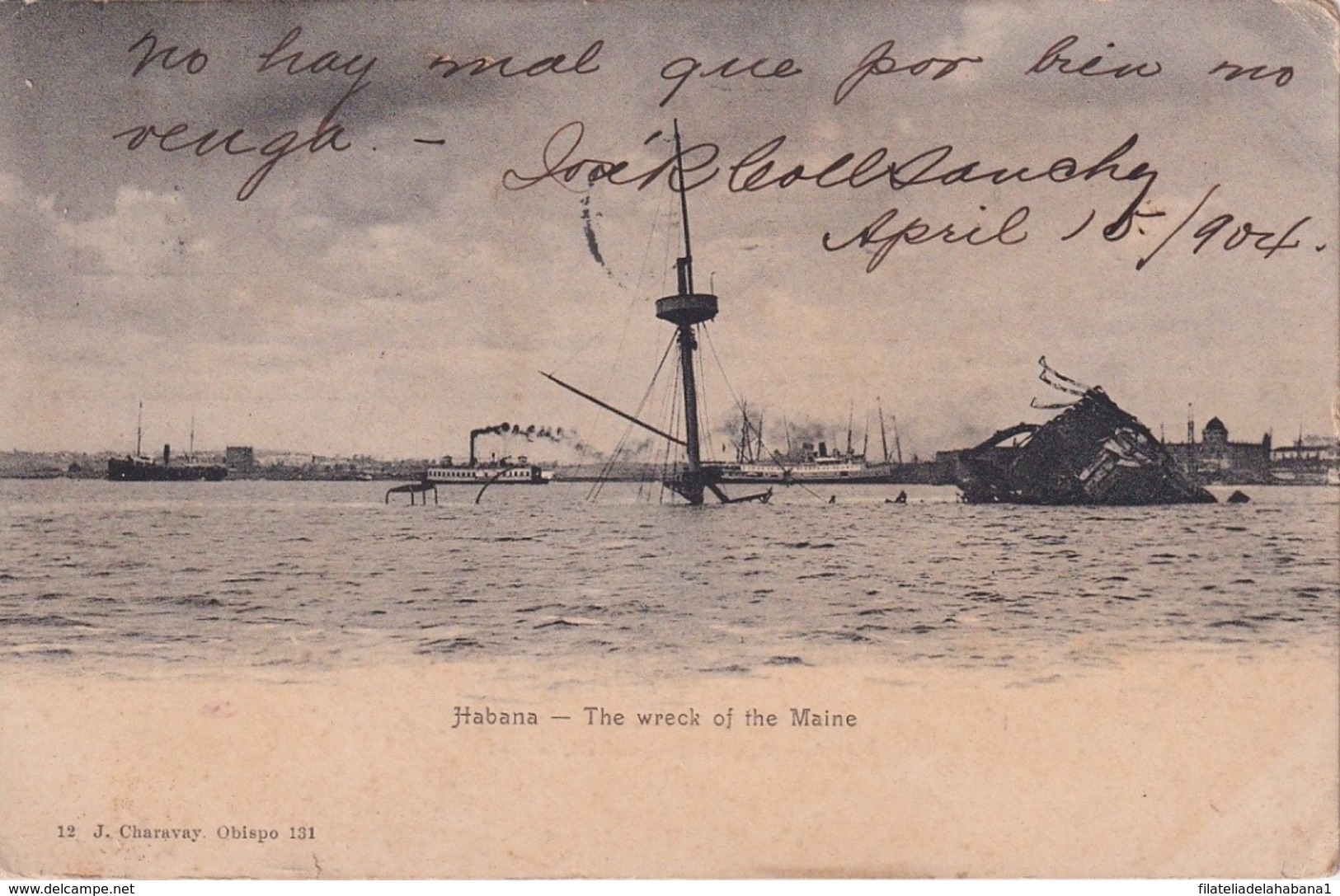 POS-1083 CUBA 1904 POSTCARD WRECK OF MAINE SHIP. RESTOS DEL MAINE. TO US - Cuba