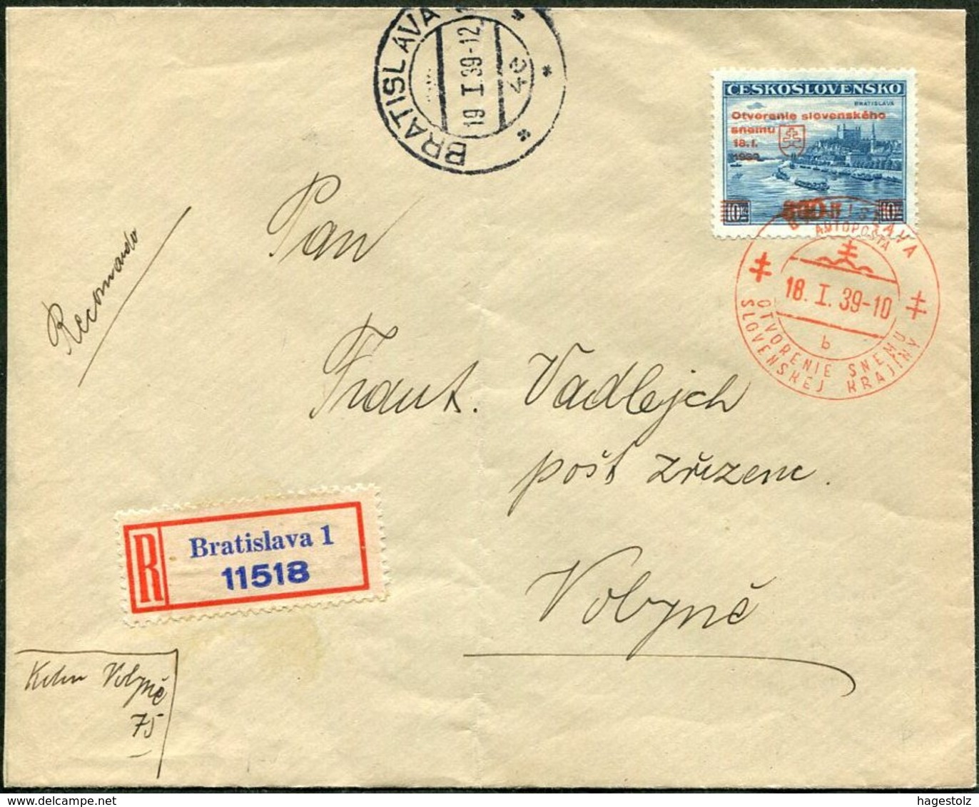 Czechoslovakia 1939 Registered FDC Cover Autonomous SLOVAKIA Autoposta BUS Mobile Post Tschechoslowakei Tchécoslovaquie - FDC